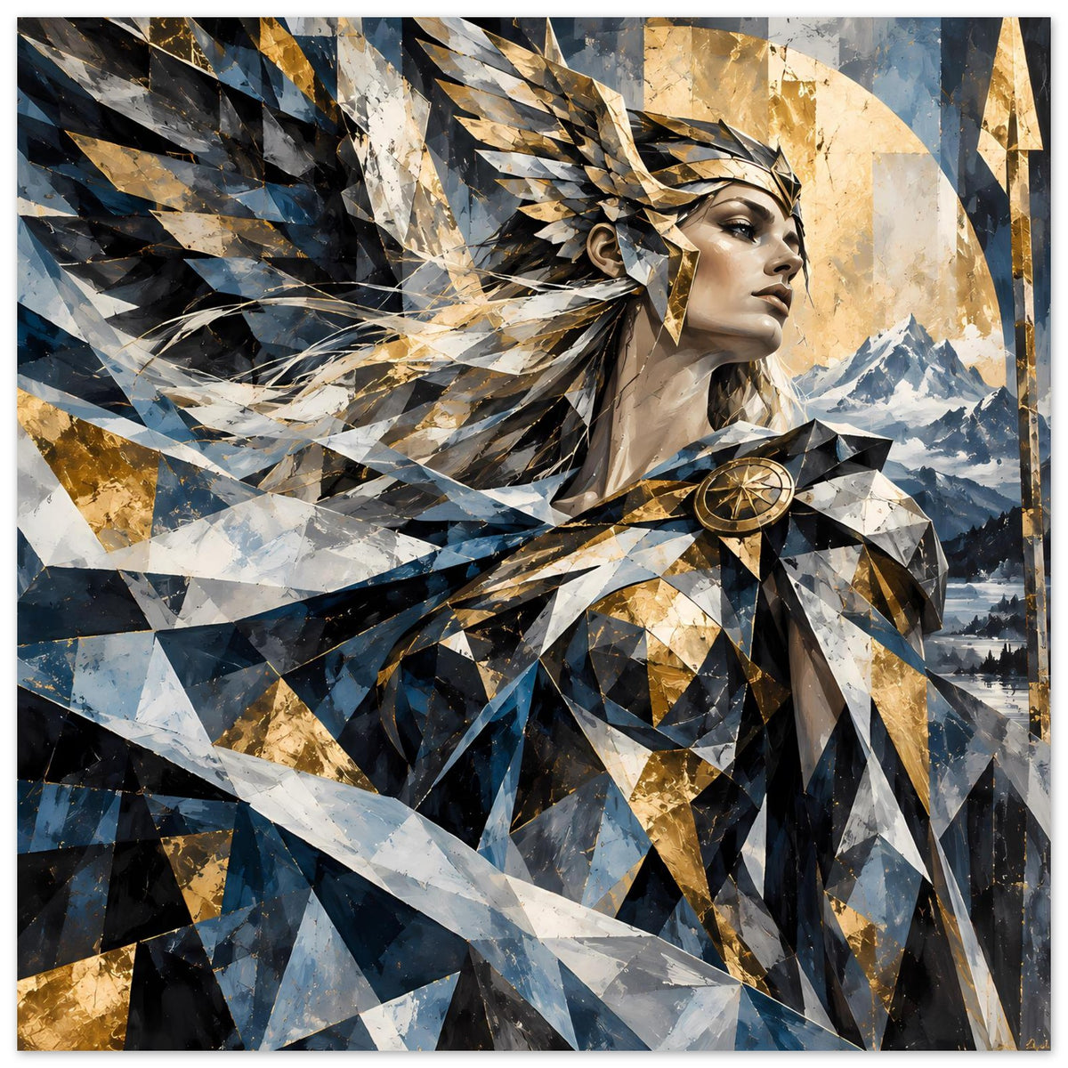Geometrisches Poster mit Kriegerin im Profil, blaue und goldene Dreiecke im Rahmen.