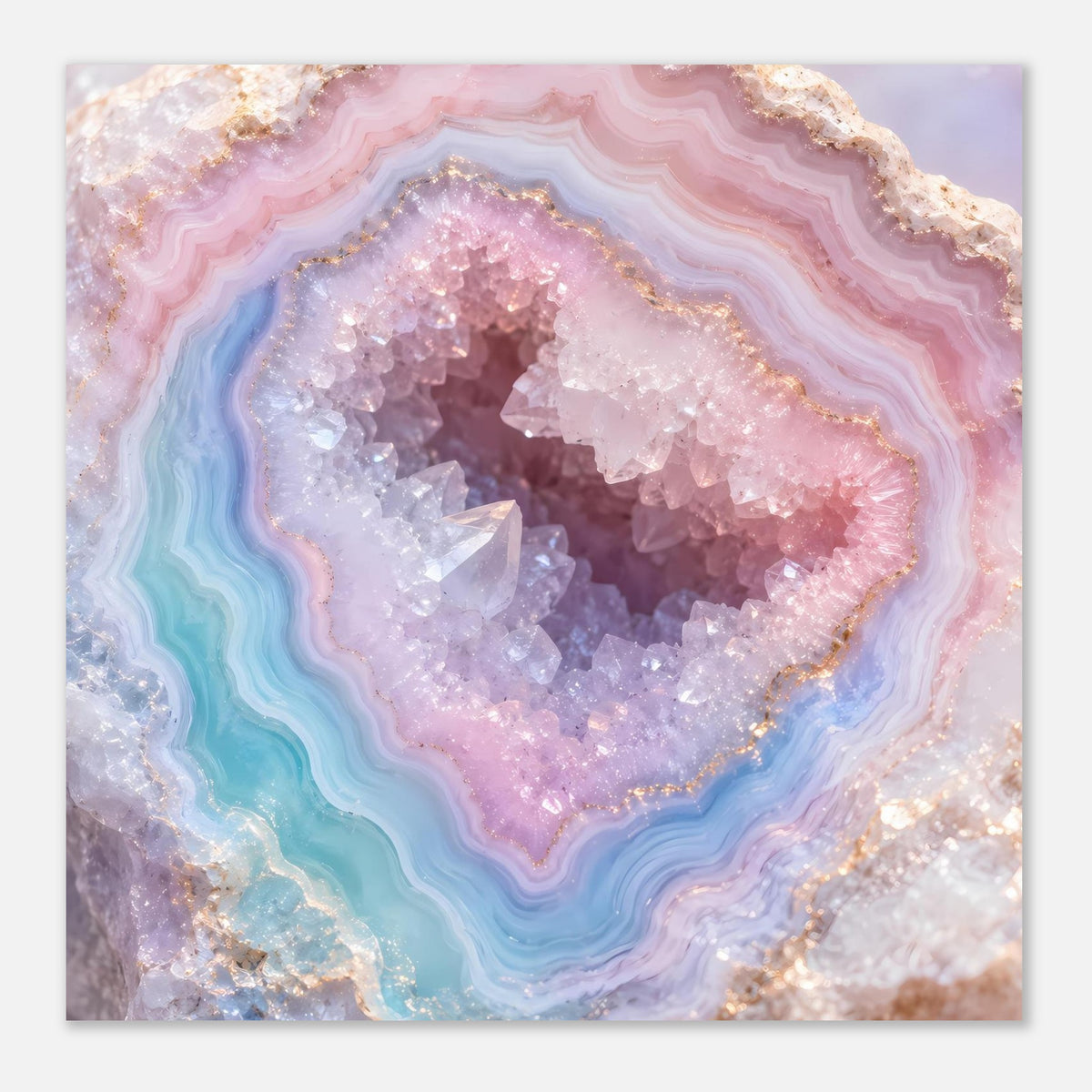 Poster mit Achat-Geode im Quadrat: pink, blau und violett mit goldumrandetem Kristallrand