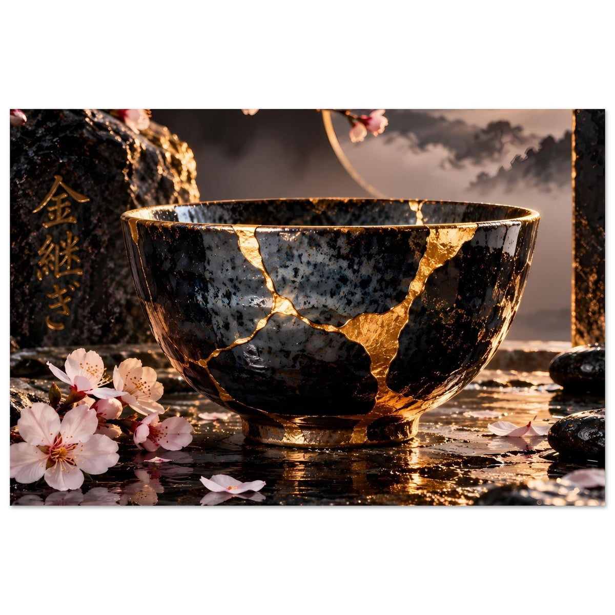 Kintsugi-Elegance-Poster: schwarze Schale mit goldenen Kintsugi-Rissen und blühenden Zweigen
