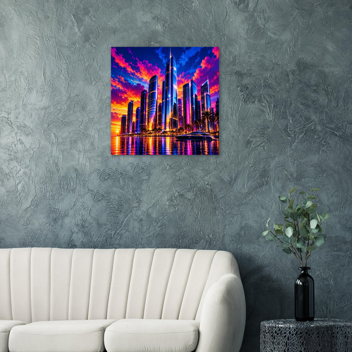 Poster mit Großstadt-Skyline in leuchtenden Farben am Abendhimmel und Reflexion im Wasser