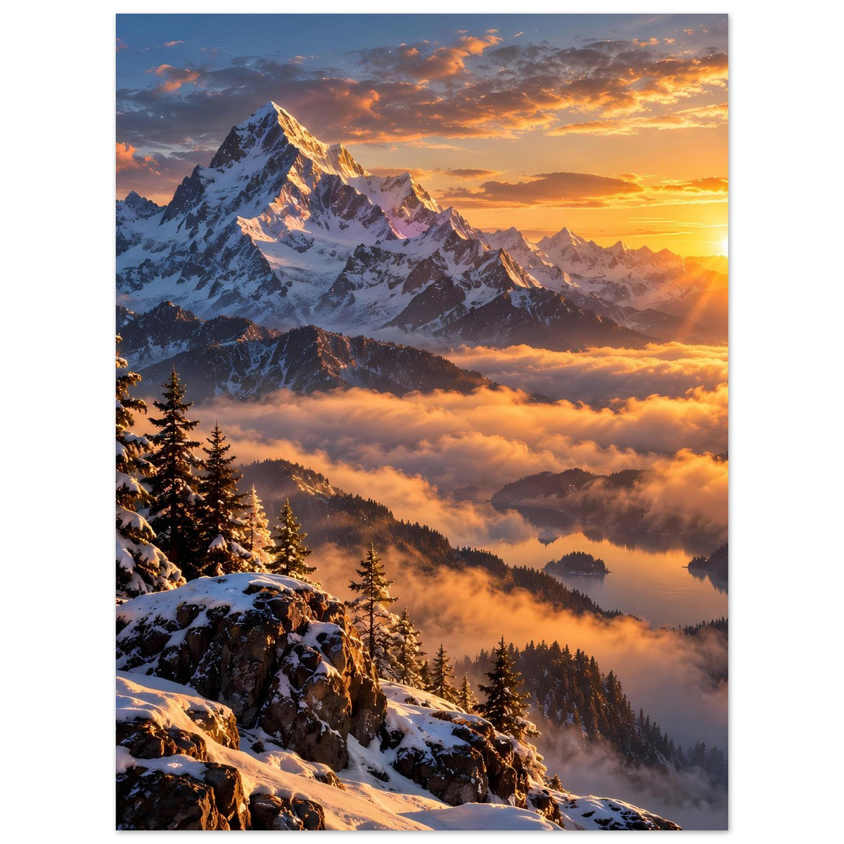 Poster mit verschneiten Gipfeln, Tannen im Vordergrund und orangefarbenem Wolkenhimmel