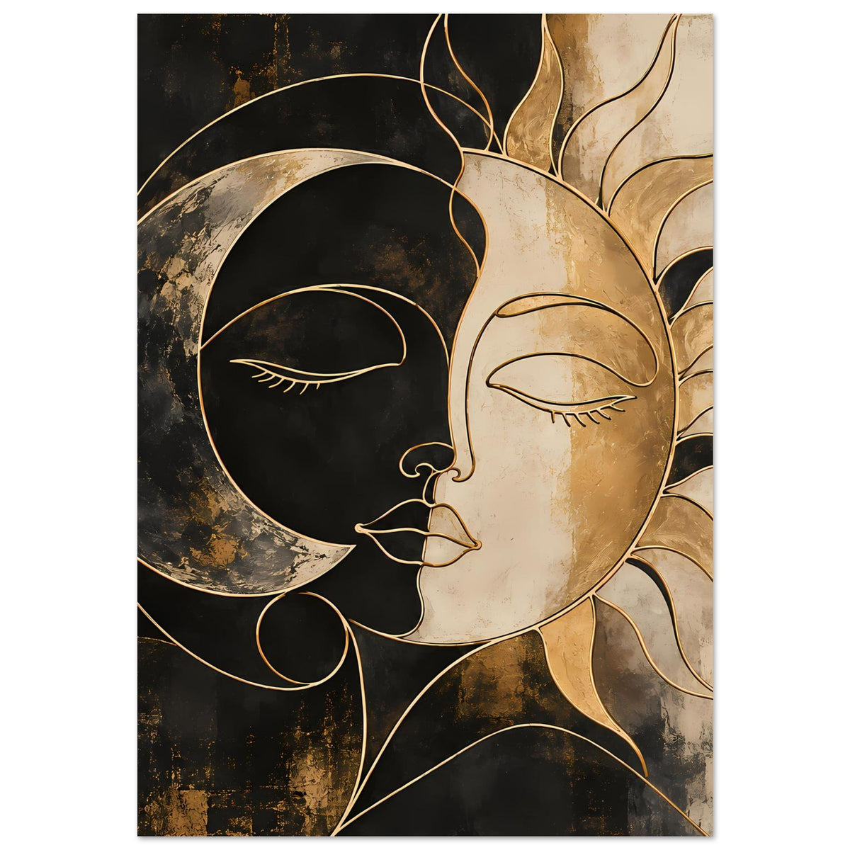 Kunstposter mit Mond-und-Sonnen-Gesichtern im Profil, goldene Konturen und florale Linien