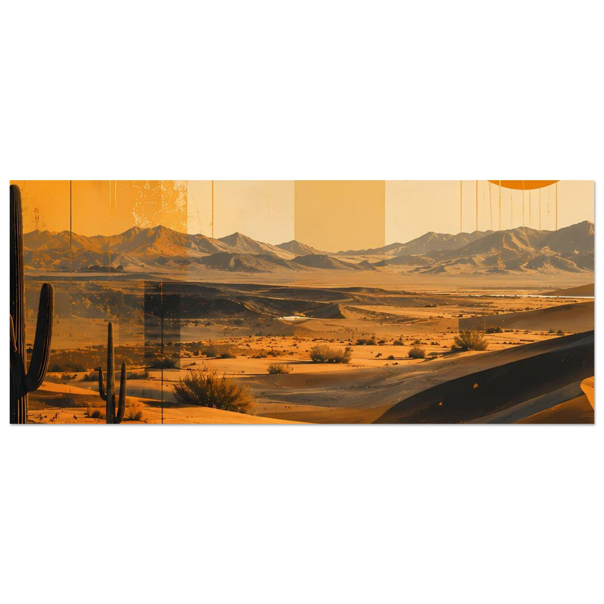 Horizontales Retro-Wüstenposter: orange Sonne, Kakteen, Dünenlandschaft