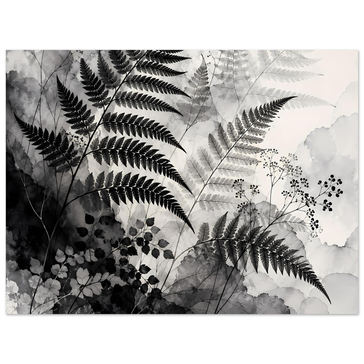 Botanisches Kunstposter mit Farnwedeln, Blüten und Konturen in Schwarz-Weiß, horizontal