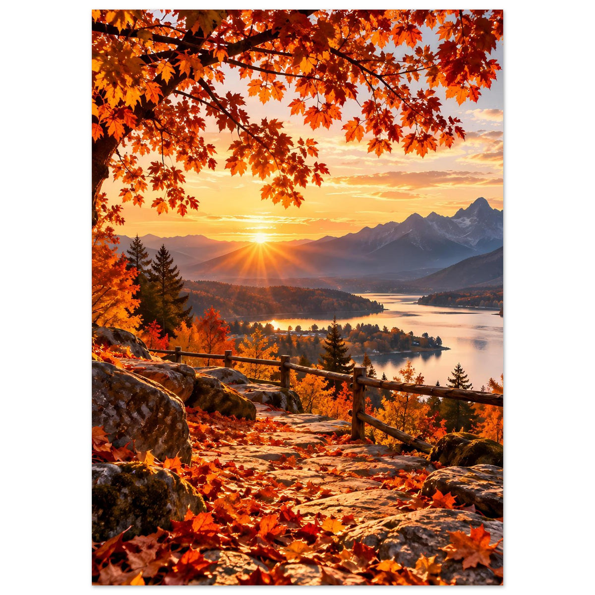 Herbstlandschafts-Poster: orange Blätter im Vordergrund, Sonne am Horizont, Berggipfel und See