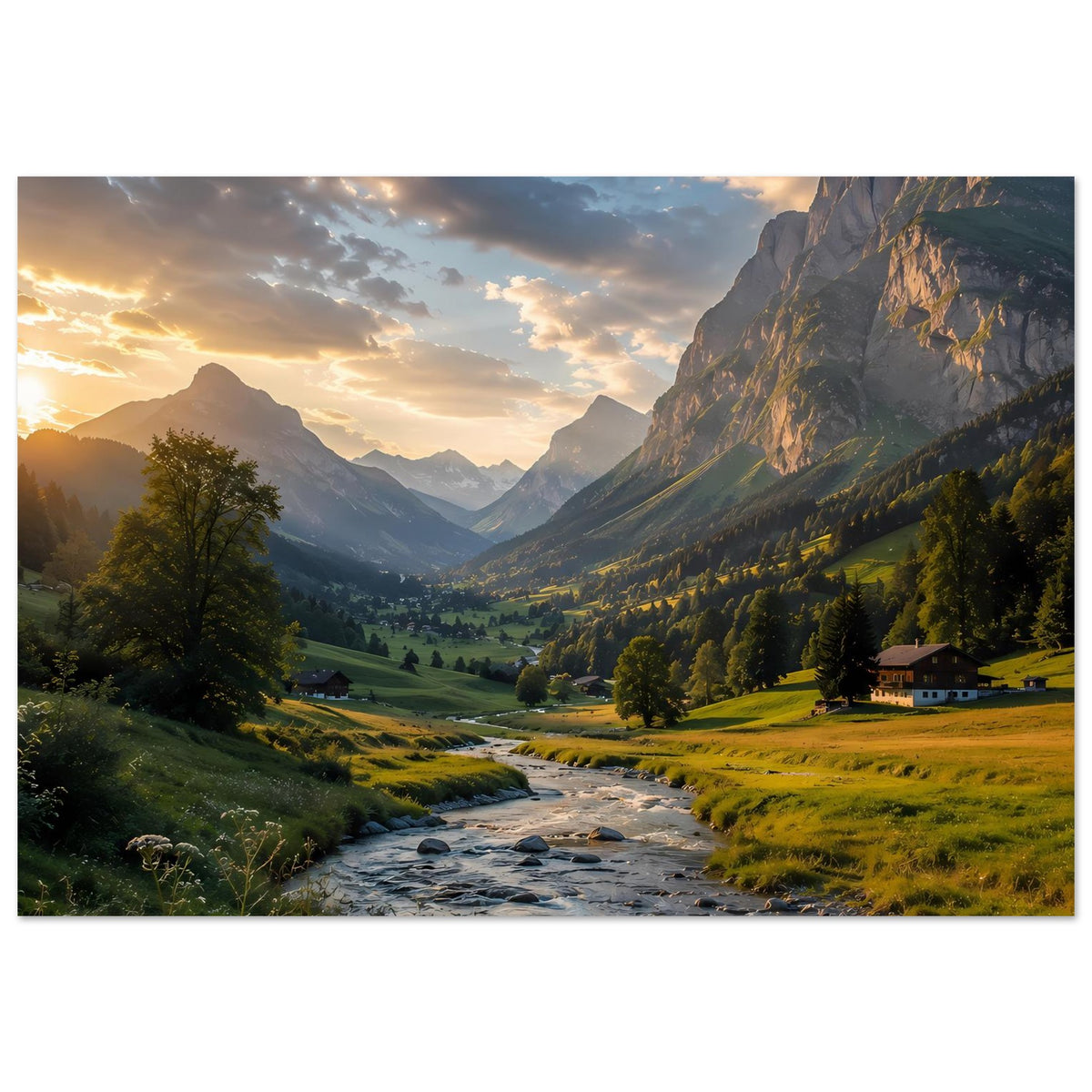 Poster Alpenlandschaft: Fluss durch grüne Wiesen, Berge und Sonnenuntergangsstimmung