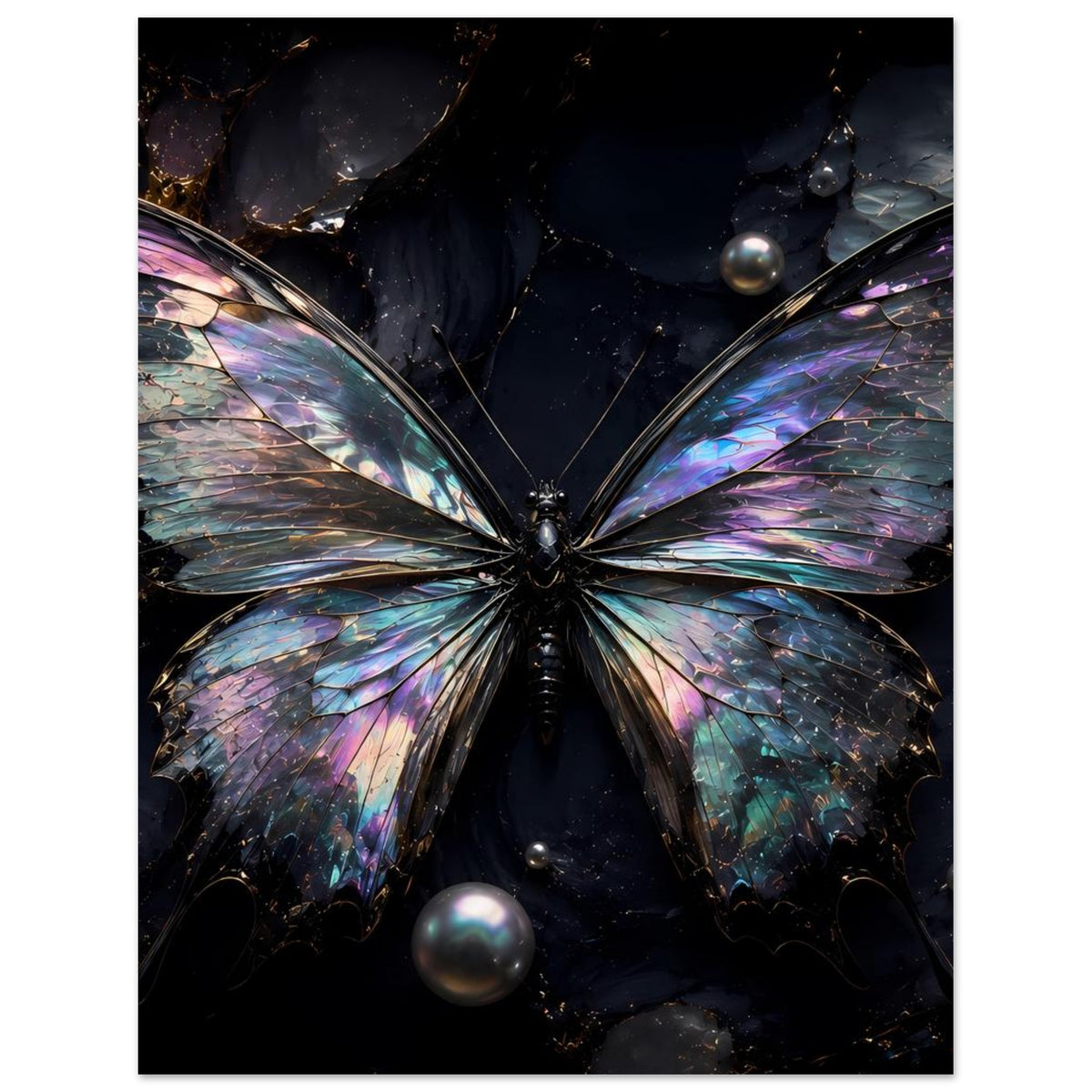 Schmetterling-Poster mit schillernden Flügeln und zentralem Falter, leichte Perlen im Motiv.