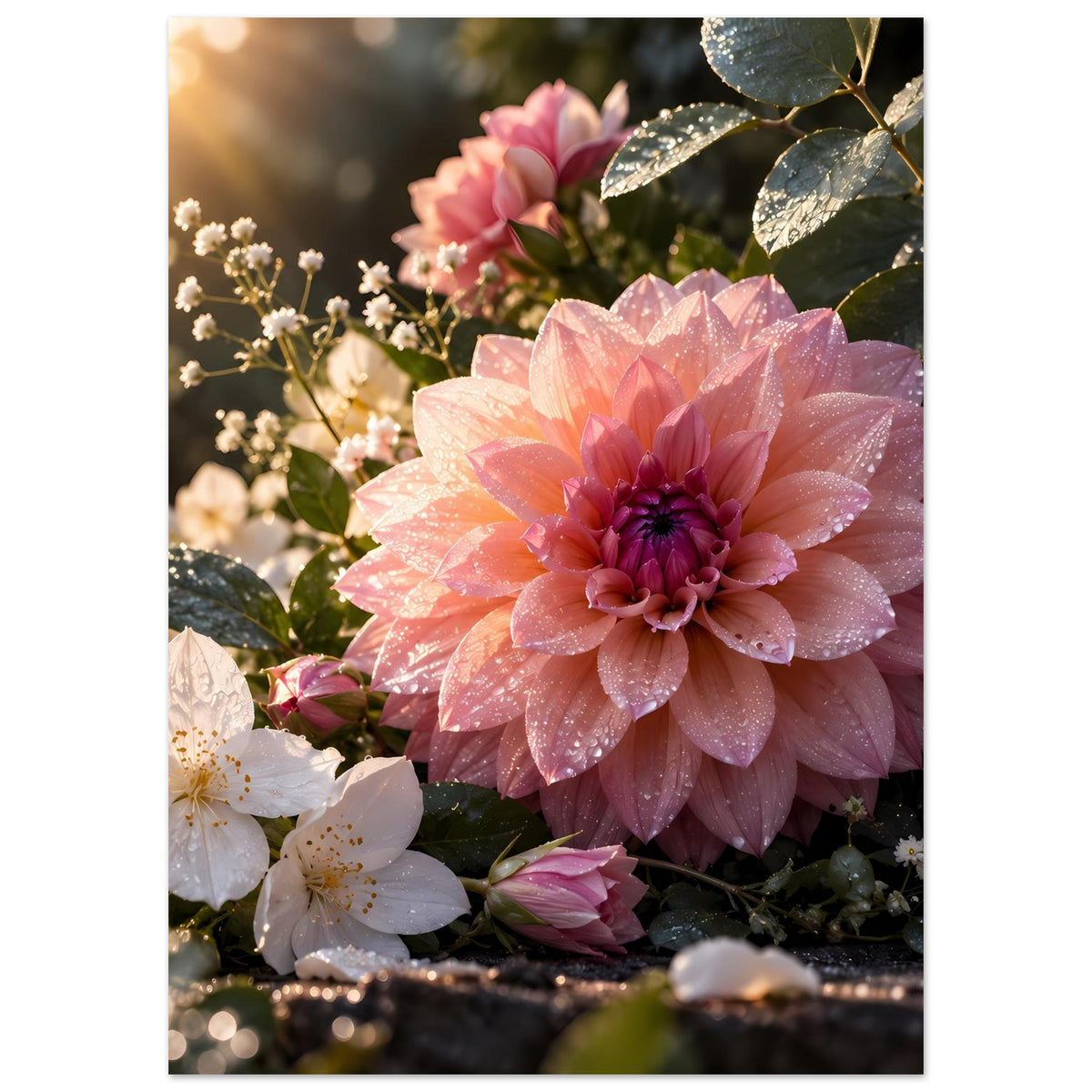 Blumenposter vertikal: große rosa Blüte, umgebende weiße Blüten und grüne Blätter