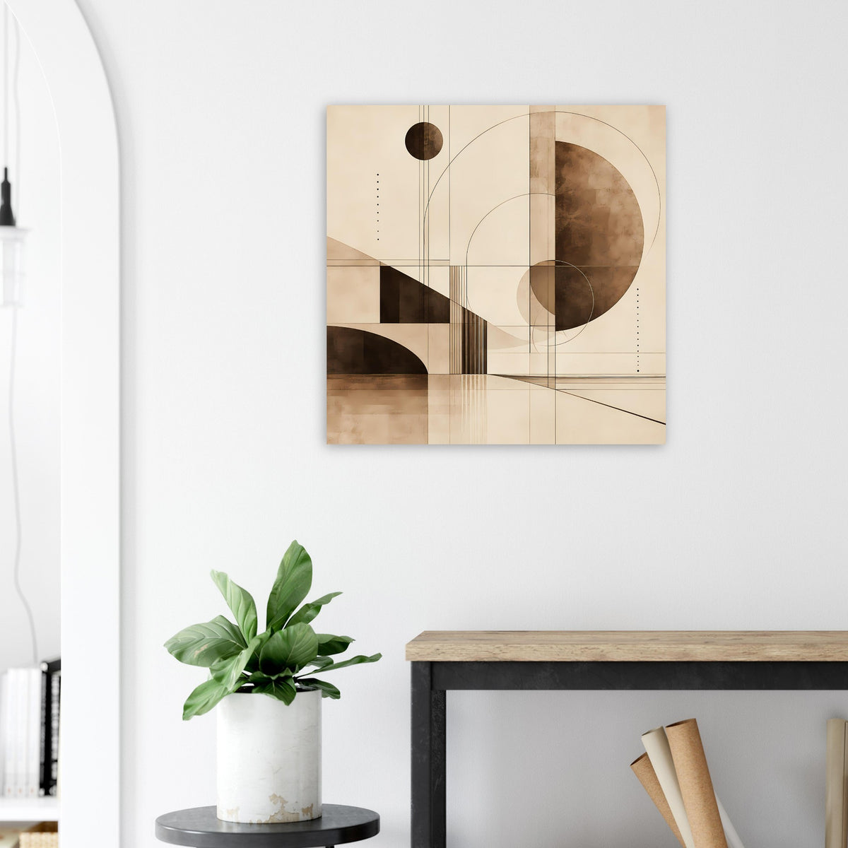 Rechteckiger geometrischer Kunstdruck im Sepia-Stil mit Kreisen und Linien