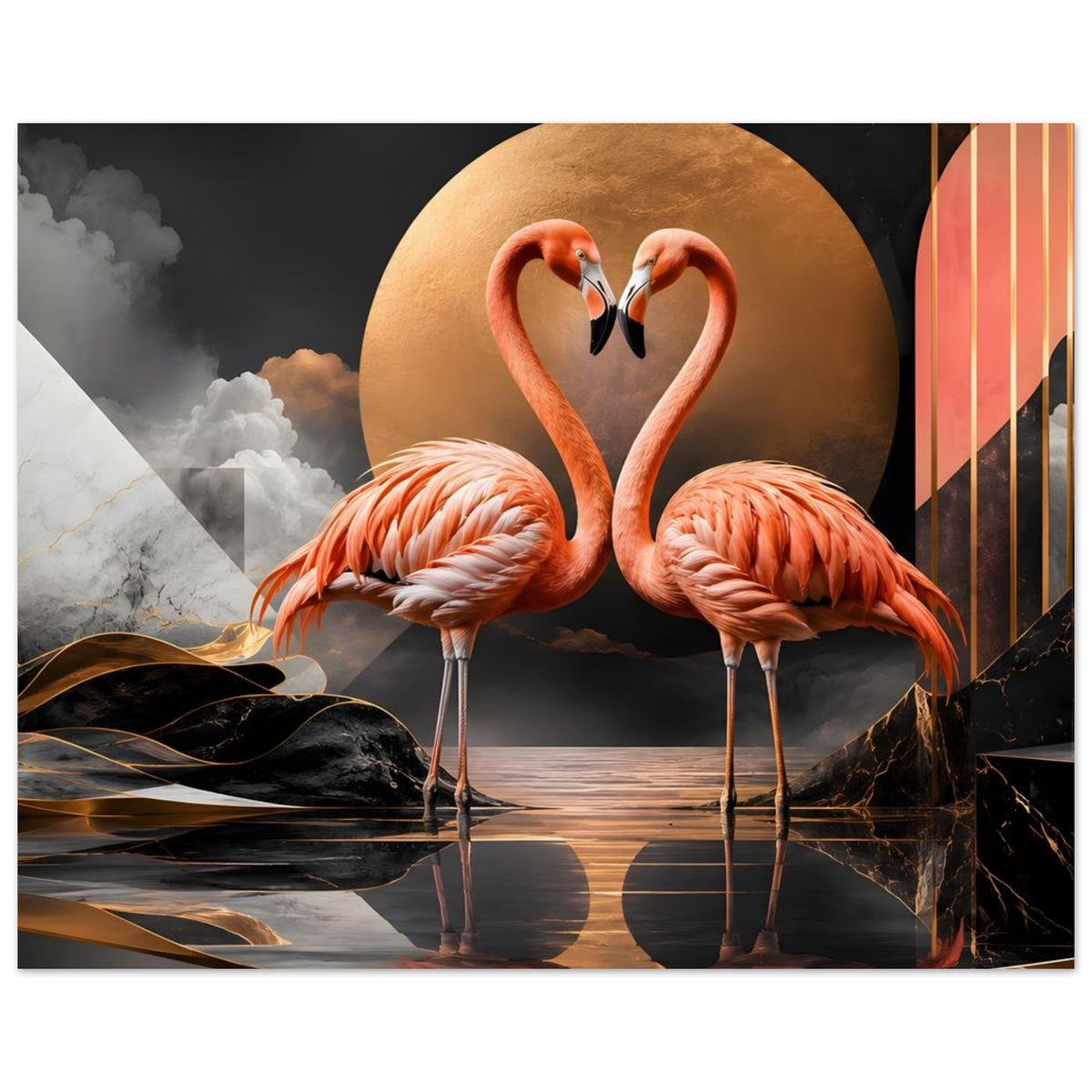 Flamingo-Kunstposter mit zwei Flamingos, goldenem Kreis und Wolken links im Bild