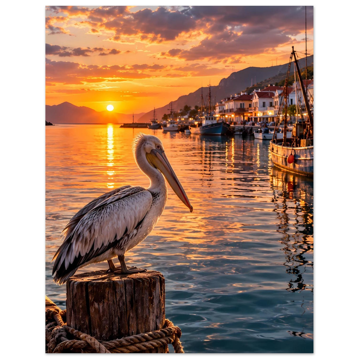 Kunstposter mit Pelikan auf Holzpfahl, Sonnenuntergang über dem Hafen und Spiegelungen im Wasser