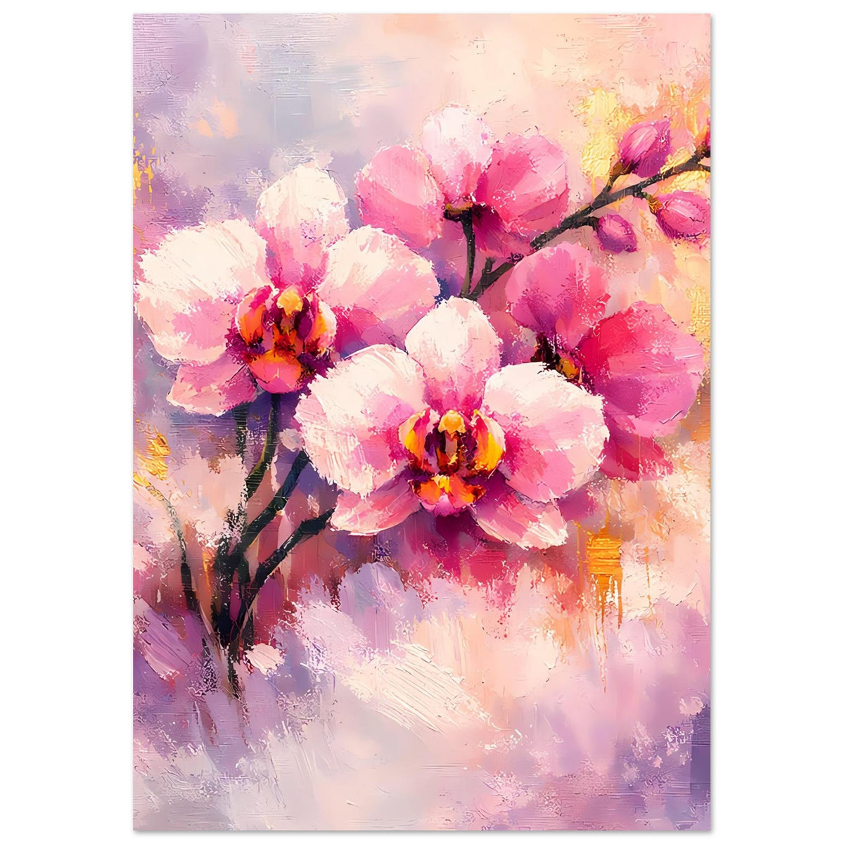 Poster mit rosa und weißen Orchideenblüten auf dunklem Zweig, mit goldenen Akzenten