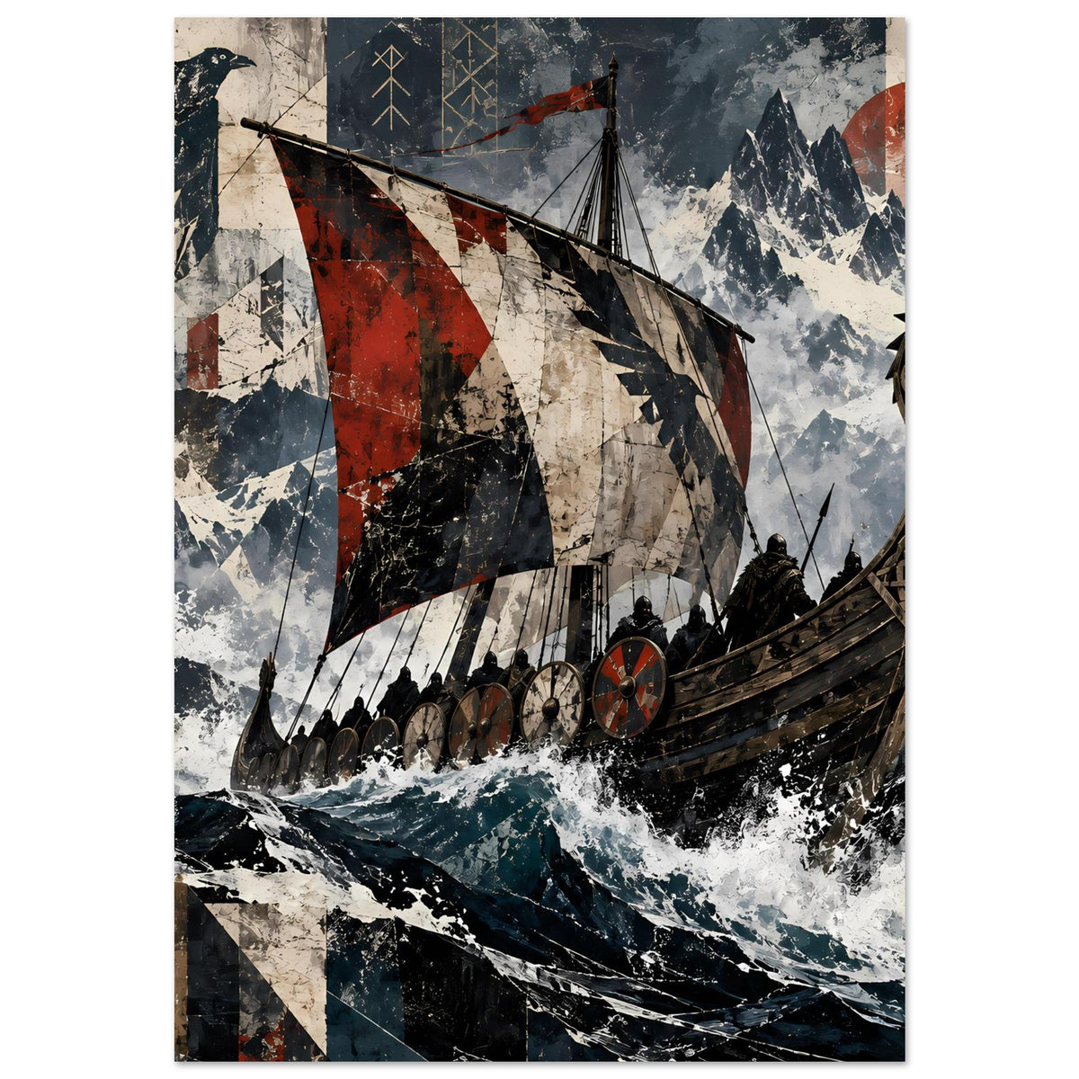 Wikingerschiff-Poster im Hochformat: Langschiff auf See, Segel und Schiffszubehör deutlich dargestellt