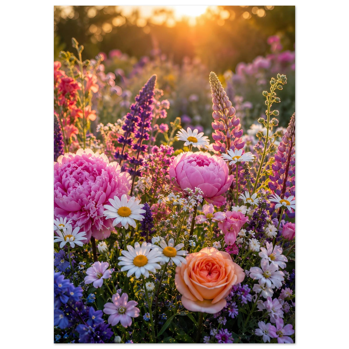 Blumenmeer-Poster mit Pfingstrosen und lila Blüten, warmes Sonnenlicht auf dem Blütenmeer.