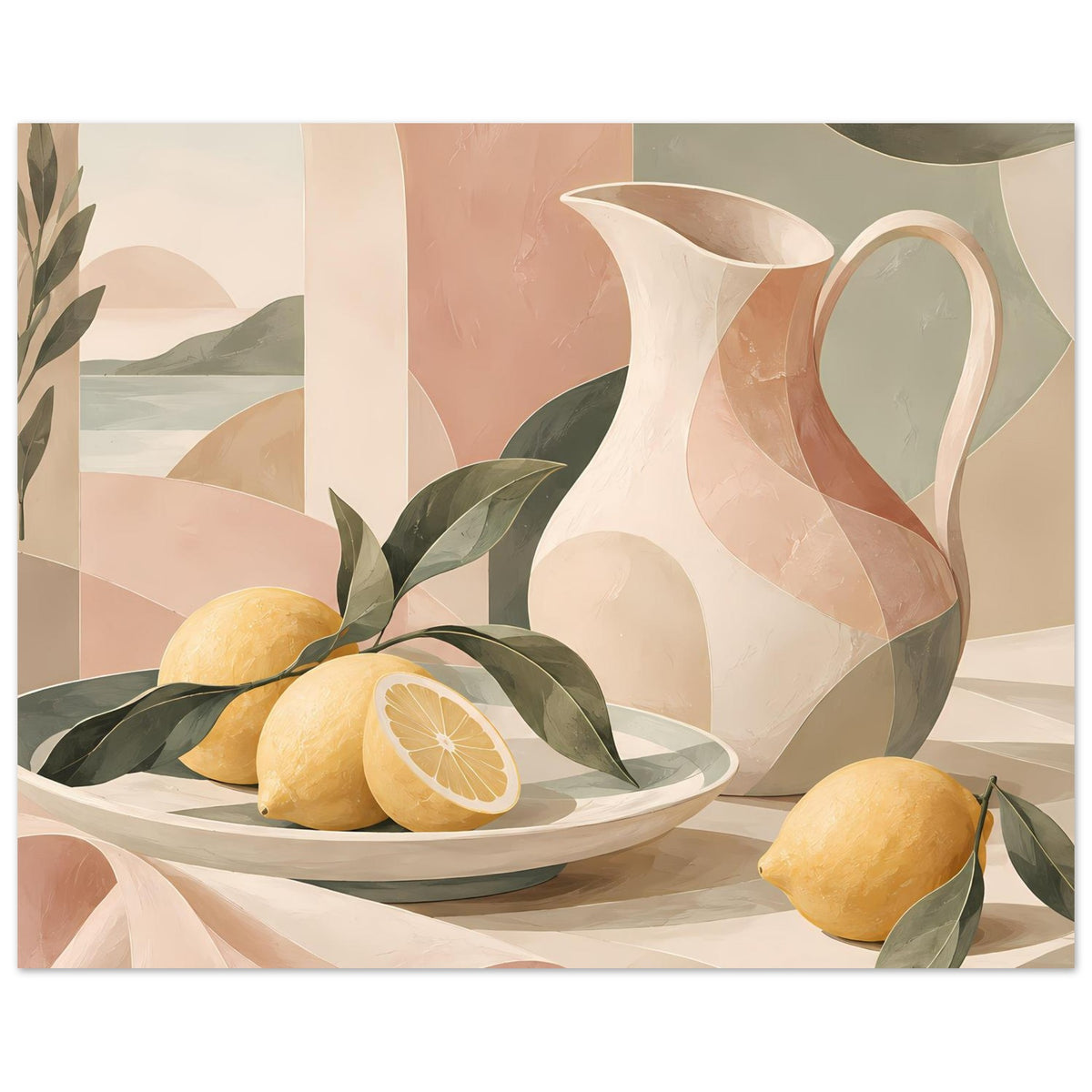 Mediterranes Still-Life-Poster: weißer Krug, gelbe Zitronen auf Teller und grüne Blätter