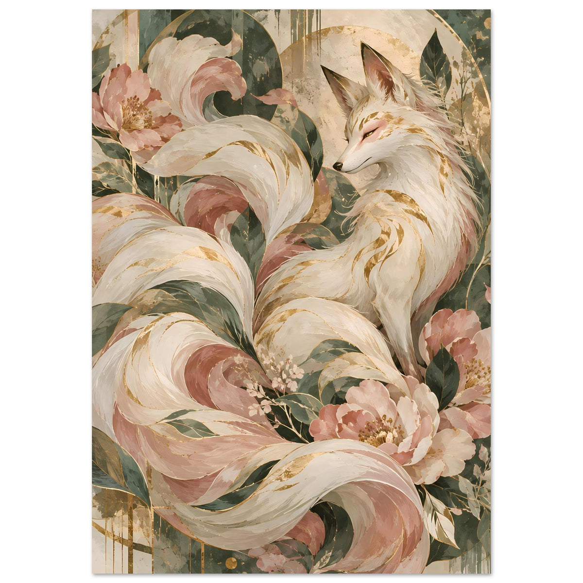 Poster mit Fuchsmotiv und floralen Ornamenten in Rosa, Grün und Gold