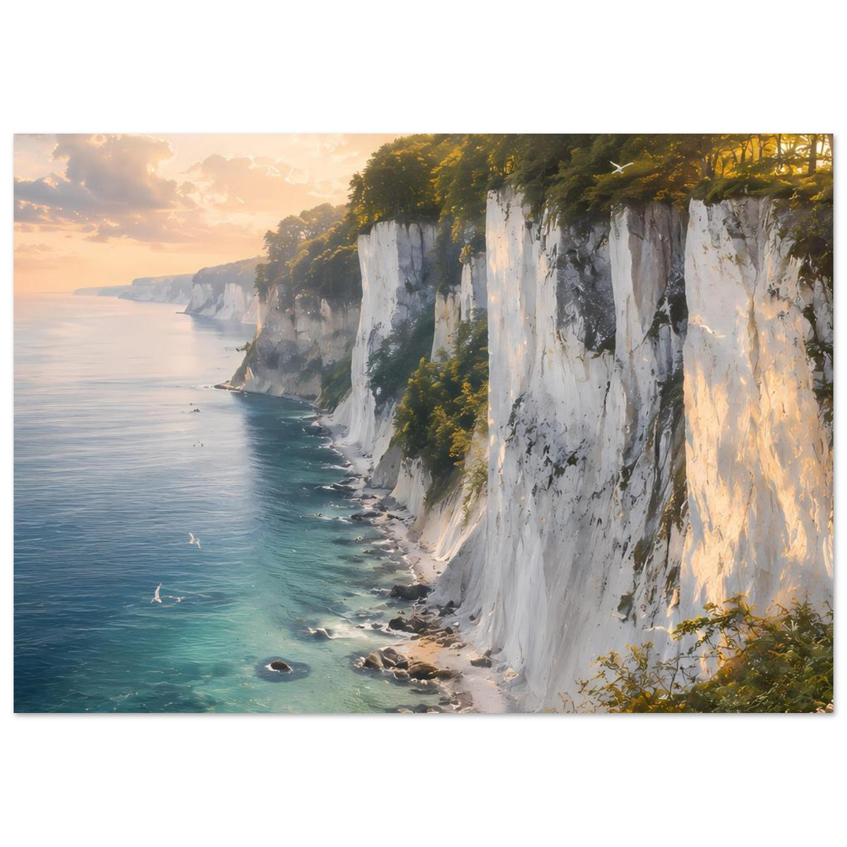 Horizontales Poster mit türkisblauem Meer, langen weißen Klippen und grünen Baumreihen an der Küste