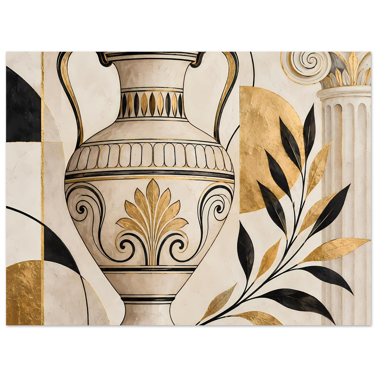 Wandposter Ausschnitt: Amphore mit goldener Mittelzier und Blattmotive rechts, Schwarz-Gold.