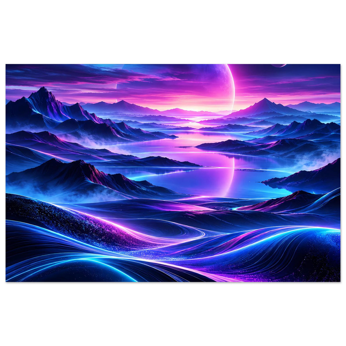 Neon-Weltraum-Poster im Querformat mit leuchtender Planetenscheibe und bunten Lichtspuren