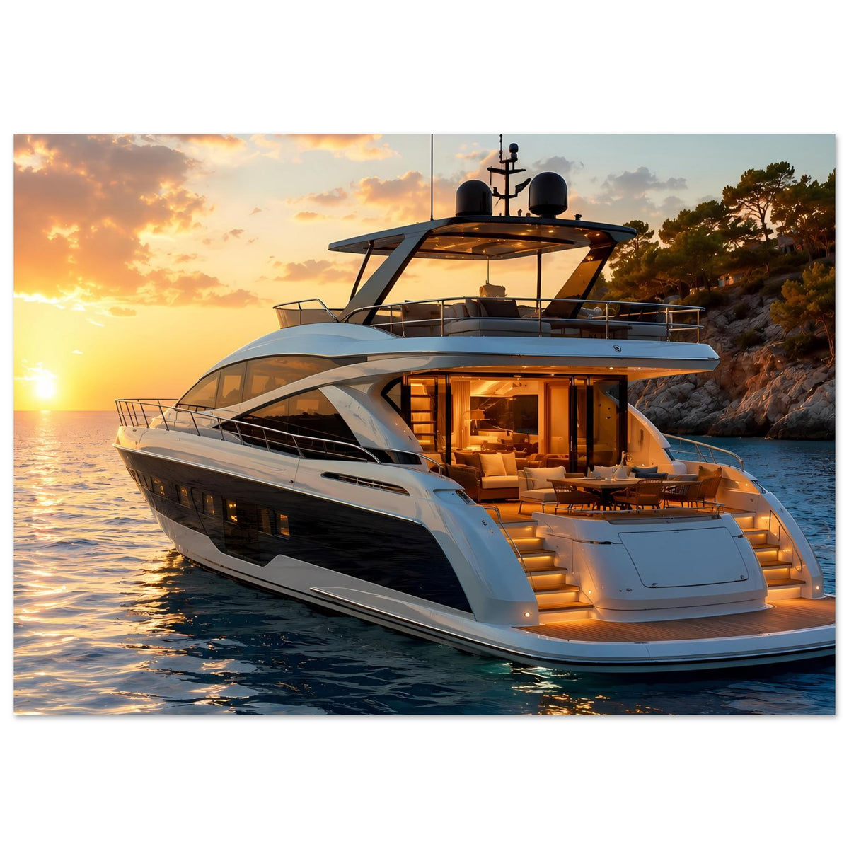 Poster mit luxuriöser Motoryacht, weiße Flybridge, verglaste Kabine und beleuchtetes Cockpit