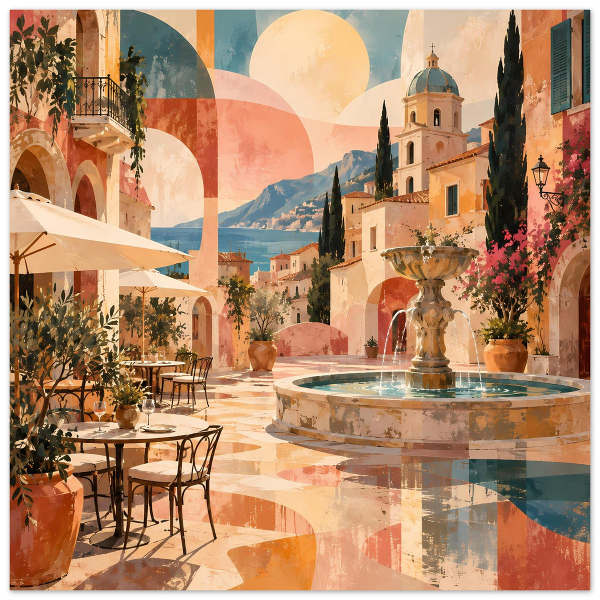 Mediterranes Poster mit Brunnen, Kirchturm und Arkaden, warmes Pastellbild