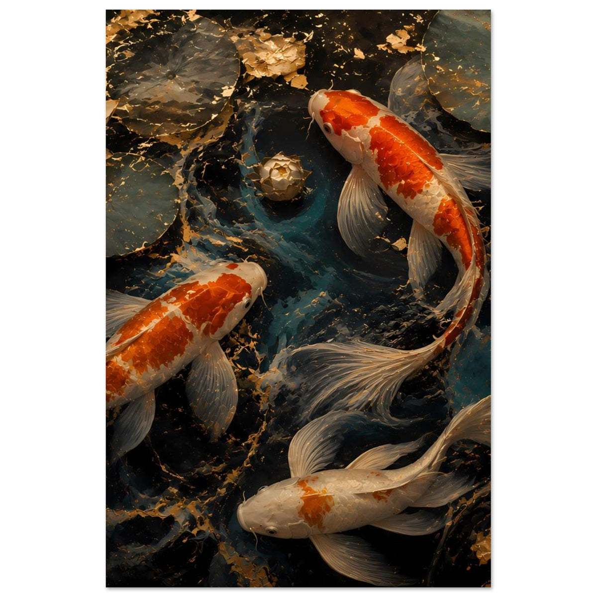 Poster mit Koi-Fischmotiv und Felsbrocken im Teich, mehrere orangefarbene Fische