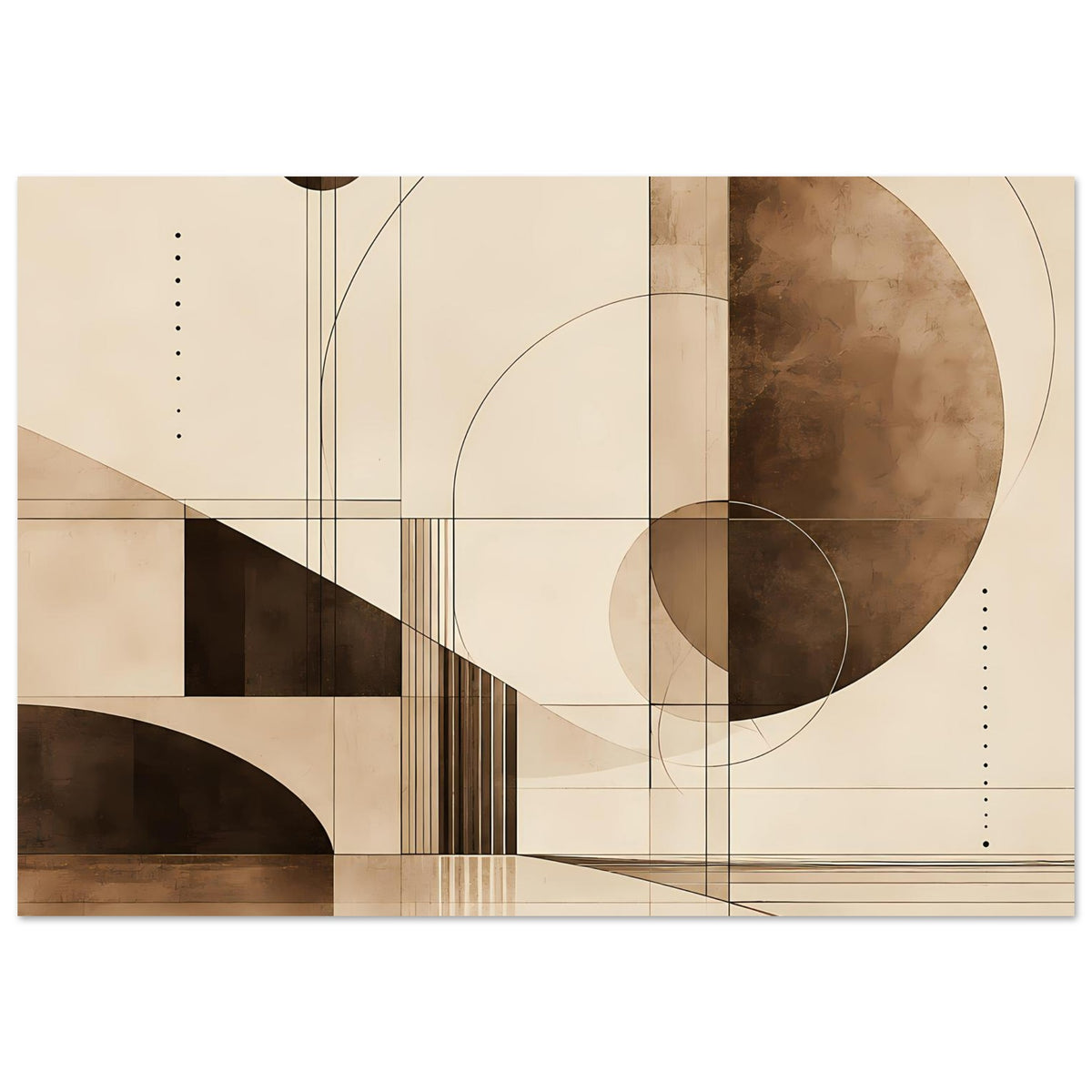 Bauhaus-Artprint mit großem Kreis rechts oben, vertikalen Streifen und Rechteckformen