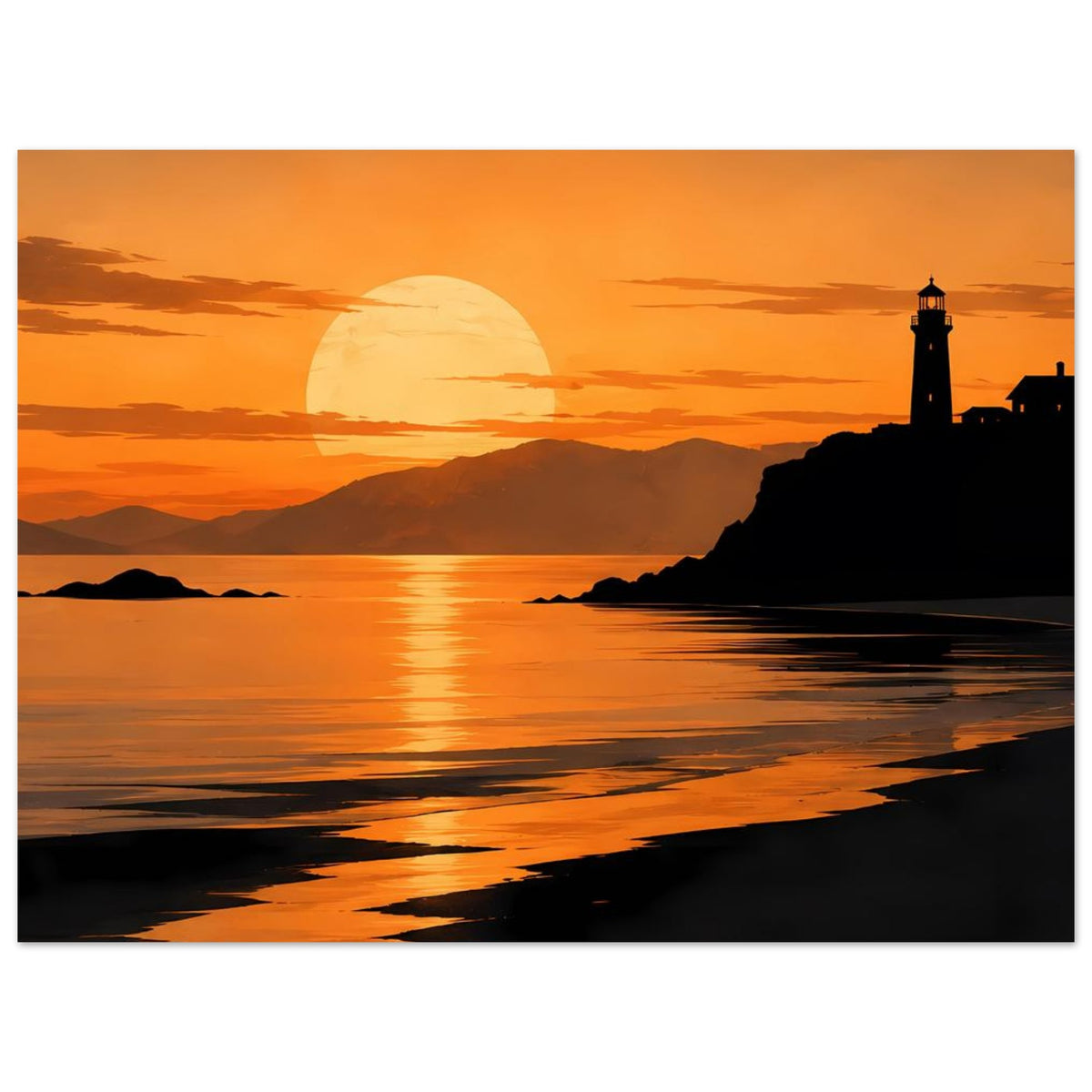 Küstenposter im Querformat mit Leuchtturm rechts, Meer und orangefarbenem Sonnenuntergang