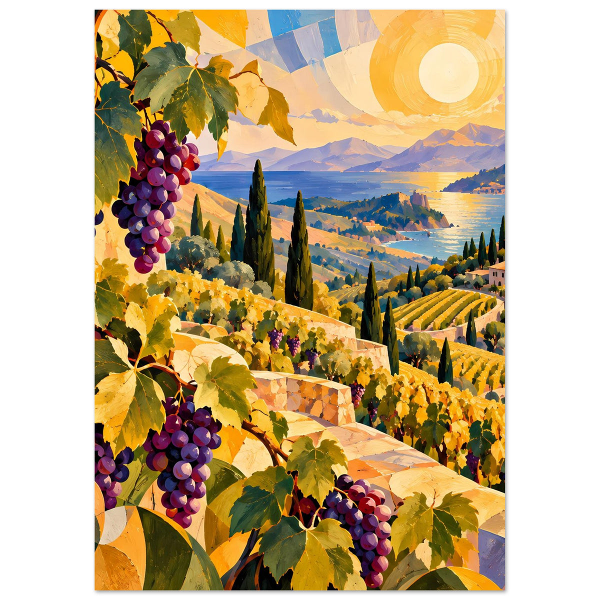 Landschaftsposter mit Weinreben und violetten Trauben, Hügelketten, gelbe Sonne und See
