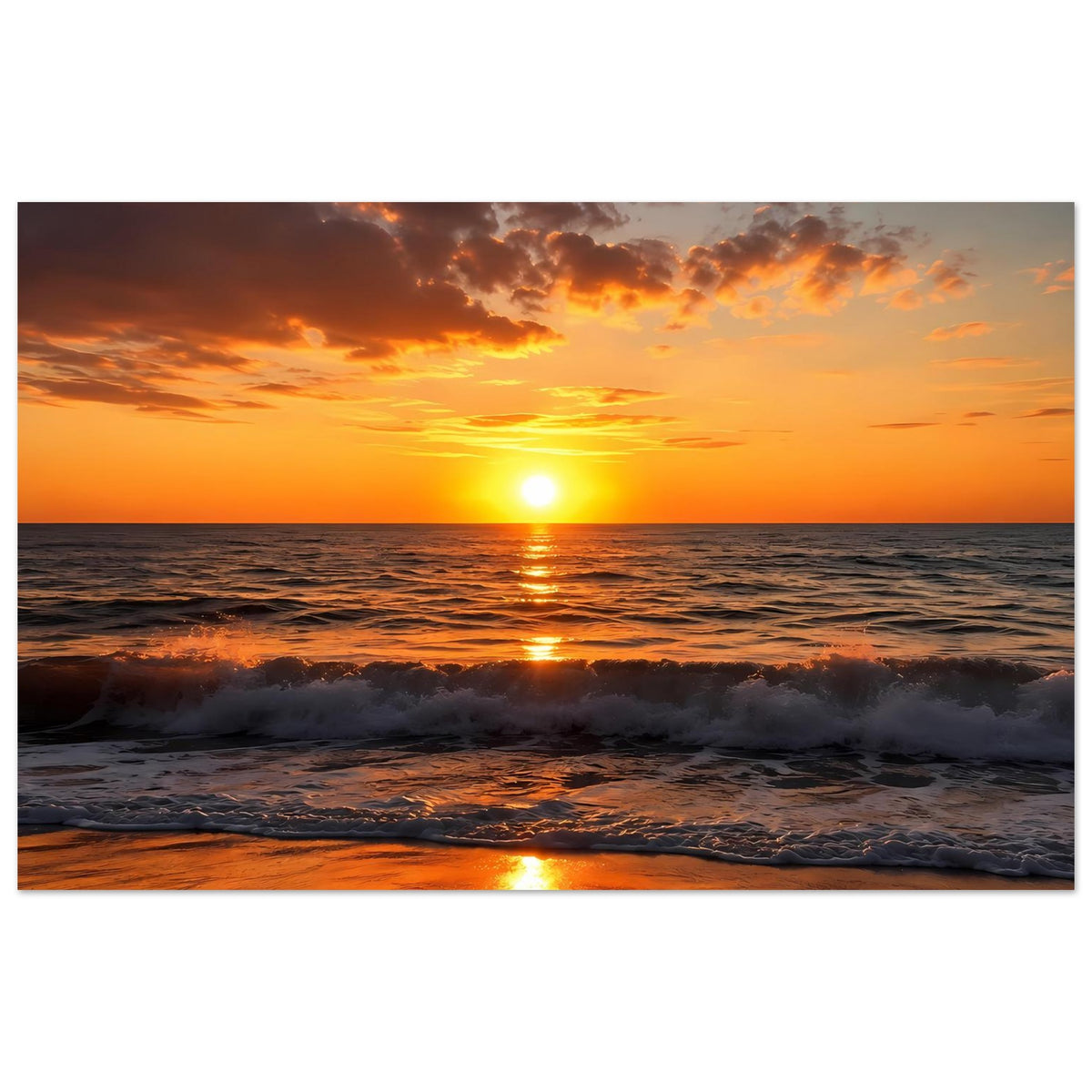 Poster mit Sonnenuntergang über dem Meer, orangefarbene Wolken und reflektierender Sonne