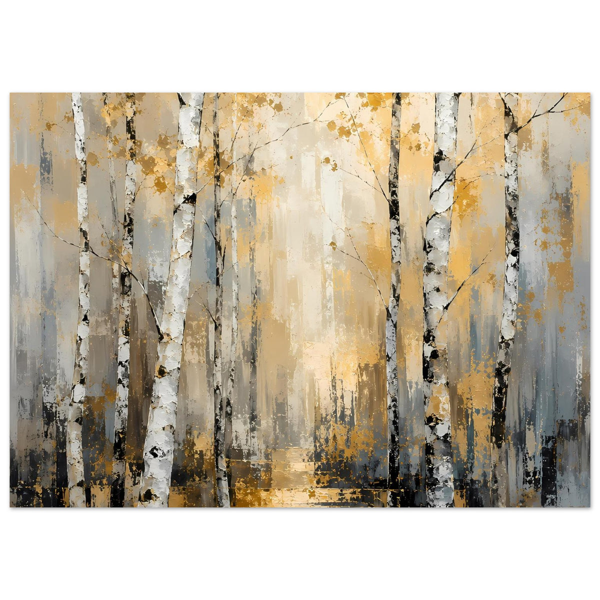 Kunstdruck Birkenwald im Querformat: graue und goldene Farbfelder, weiße Baumstämme, gesprenkelte Textur
