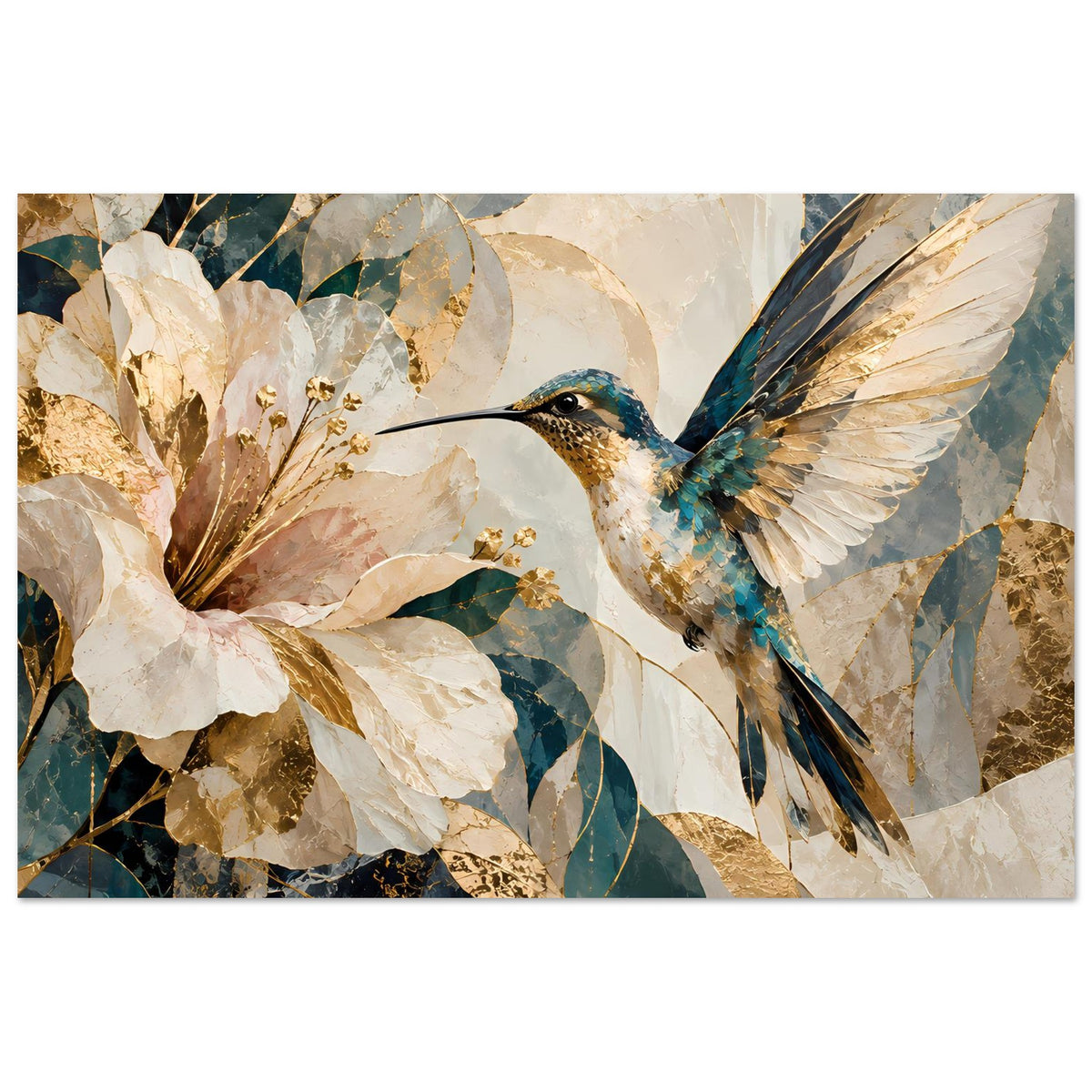 Wandposter: Kolibri über weißen Blumen, gold-blaues Muster auf abstrakter Marmoroberfläche, horizontal