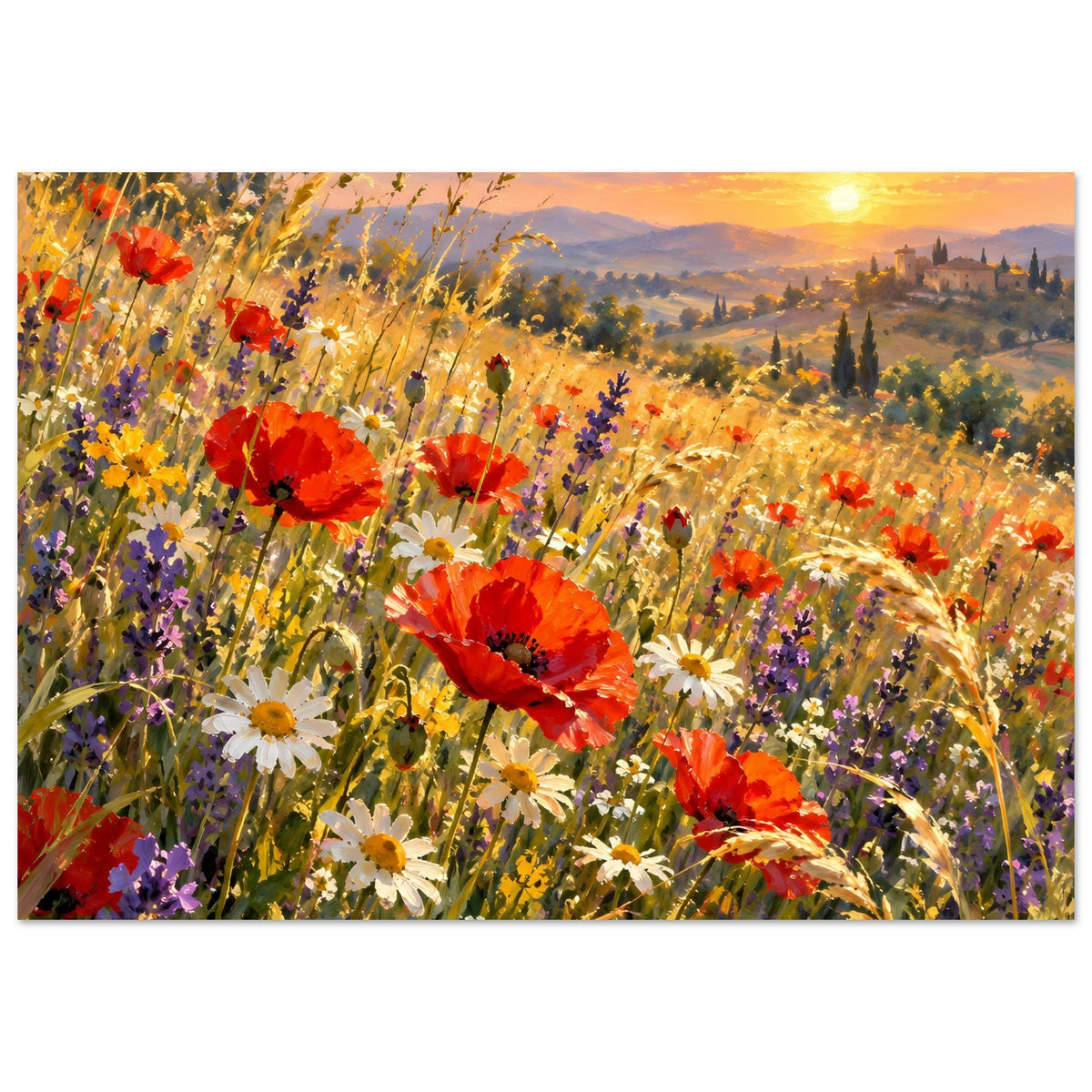 Wildblumen-Poster mit roten Mohn- und weißen Gänseblümchen im Sonnenuntergang, Landschaft