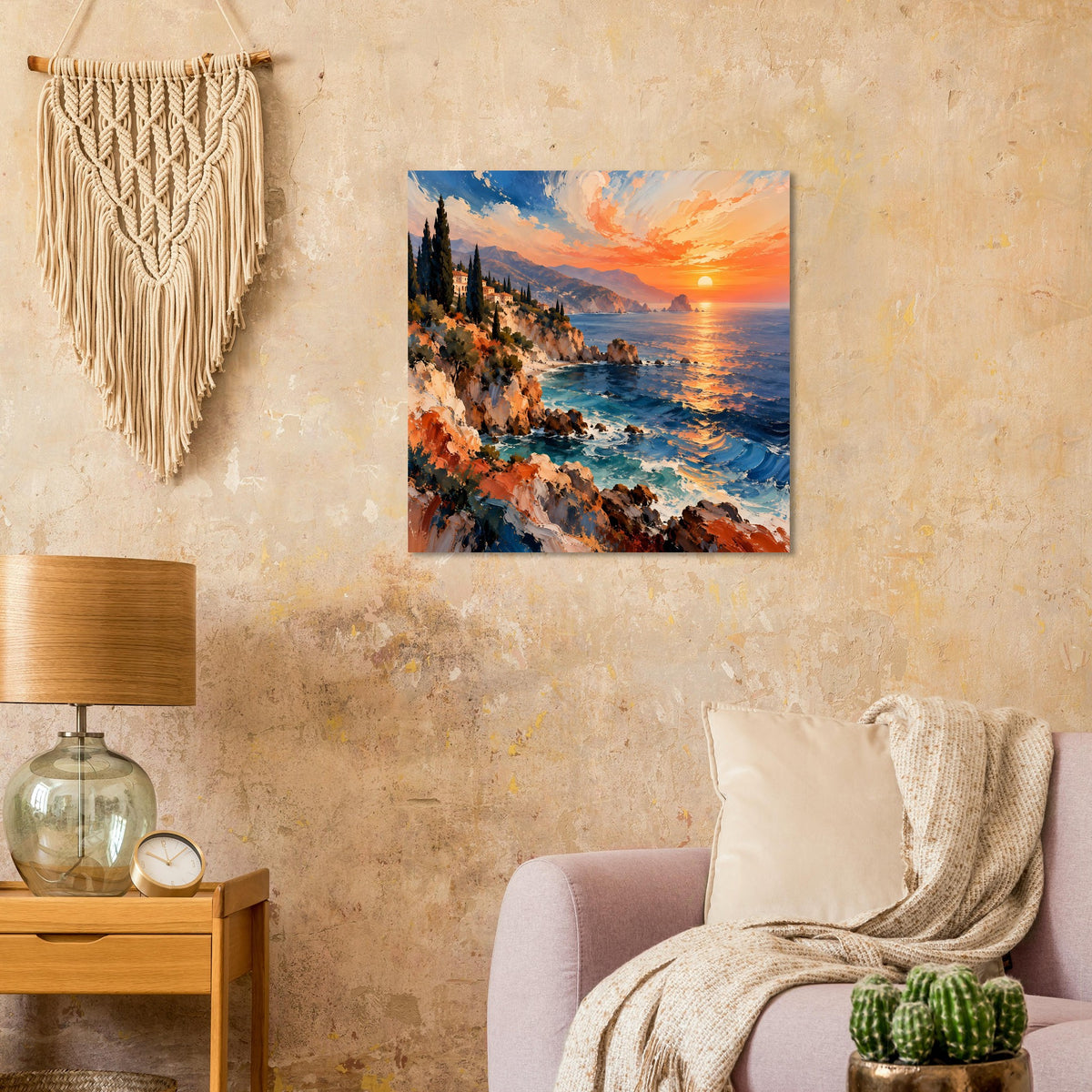 Wandposter mit Küste bei Sonnenuntergang, blaues Meer und orangefarbener Himmel