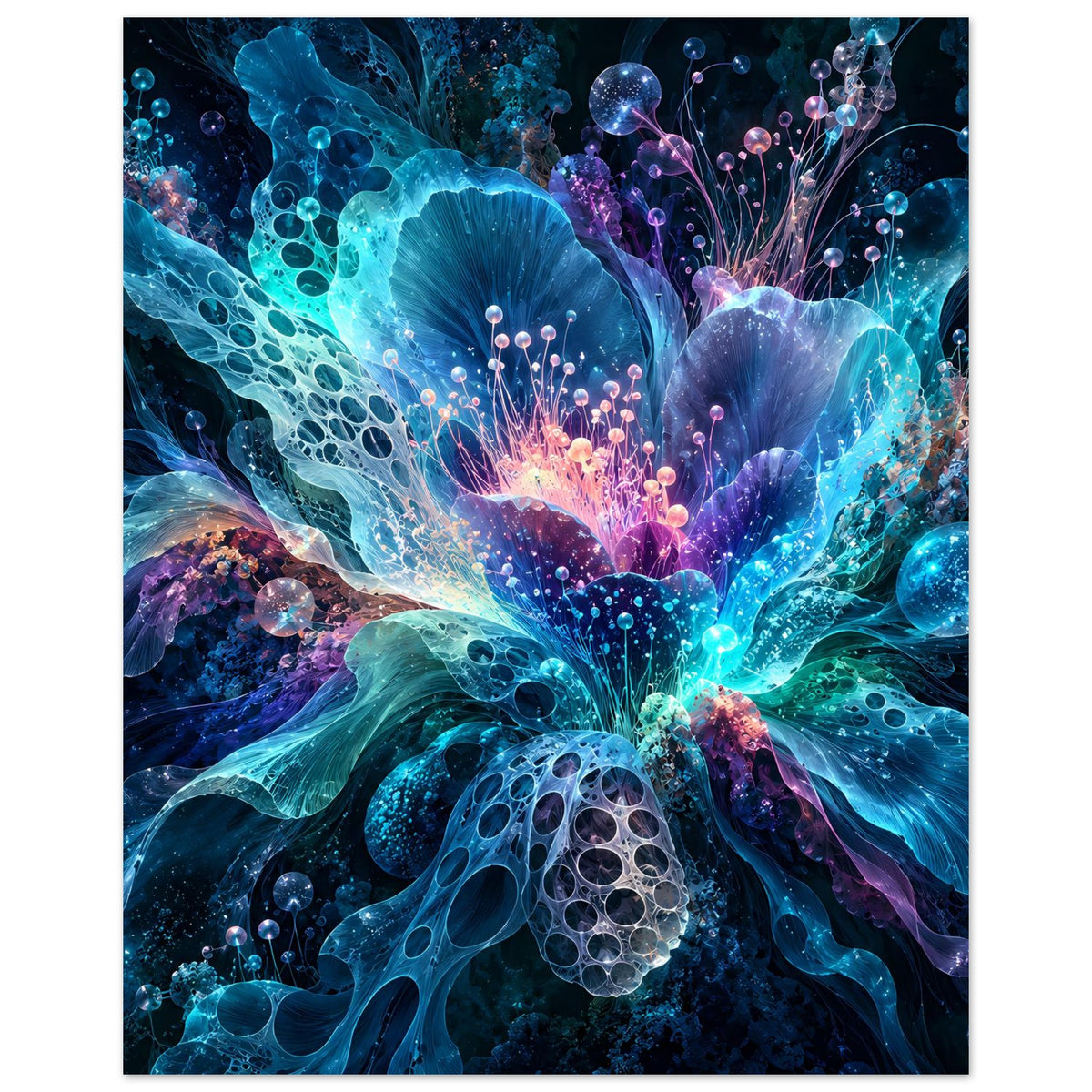 Hochformatiges Blumenposter mit blauen Blüten und violetten Lichtfäden, umgeben von Blasen