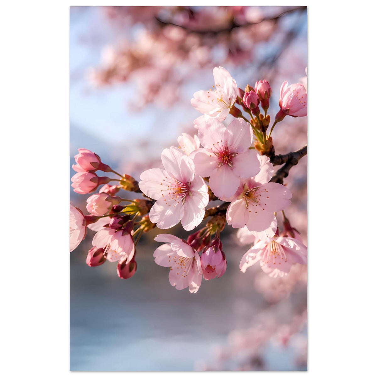Wandposter im Hochformat mit Kirschblütenzweig, rosa und rosafarbene Blüten