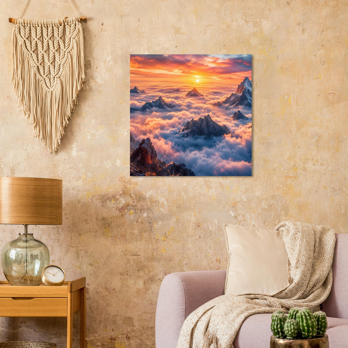 Gerahmtes Poster mit Abendrot-Sonnenaufgang über dramatischen Bergformationen