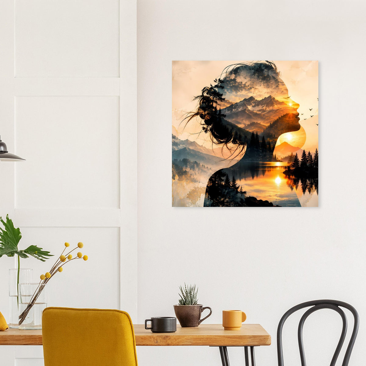 Poster mit Frauenprofil und Bergsee-Motiv bei Sonnenuntergang in Doppelbelichtung.