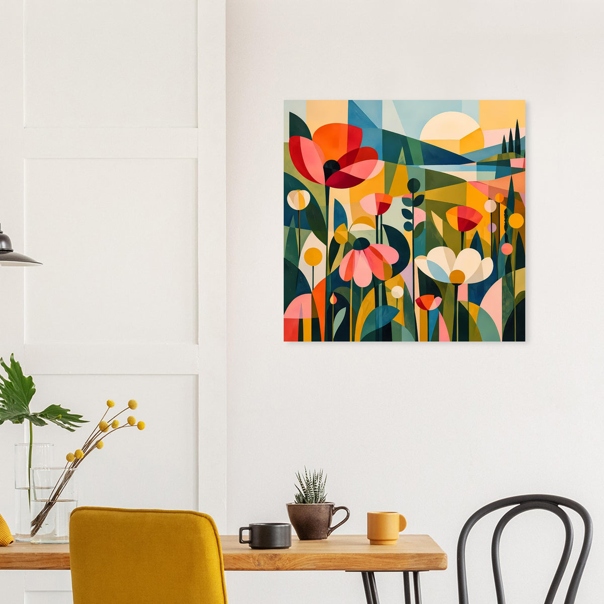 Quadratisches Blumenposter mit farbigen Blüten, geschwungenen Formen und Sonne im Hintergrund