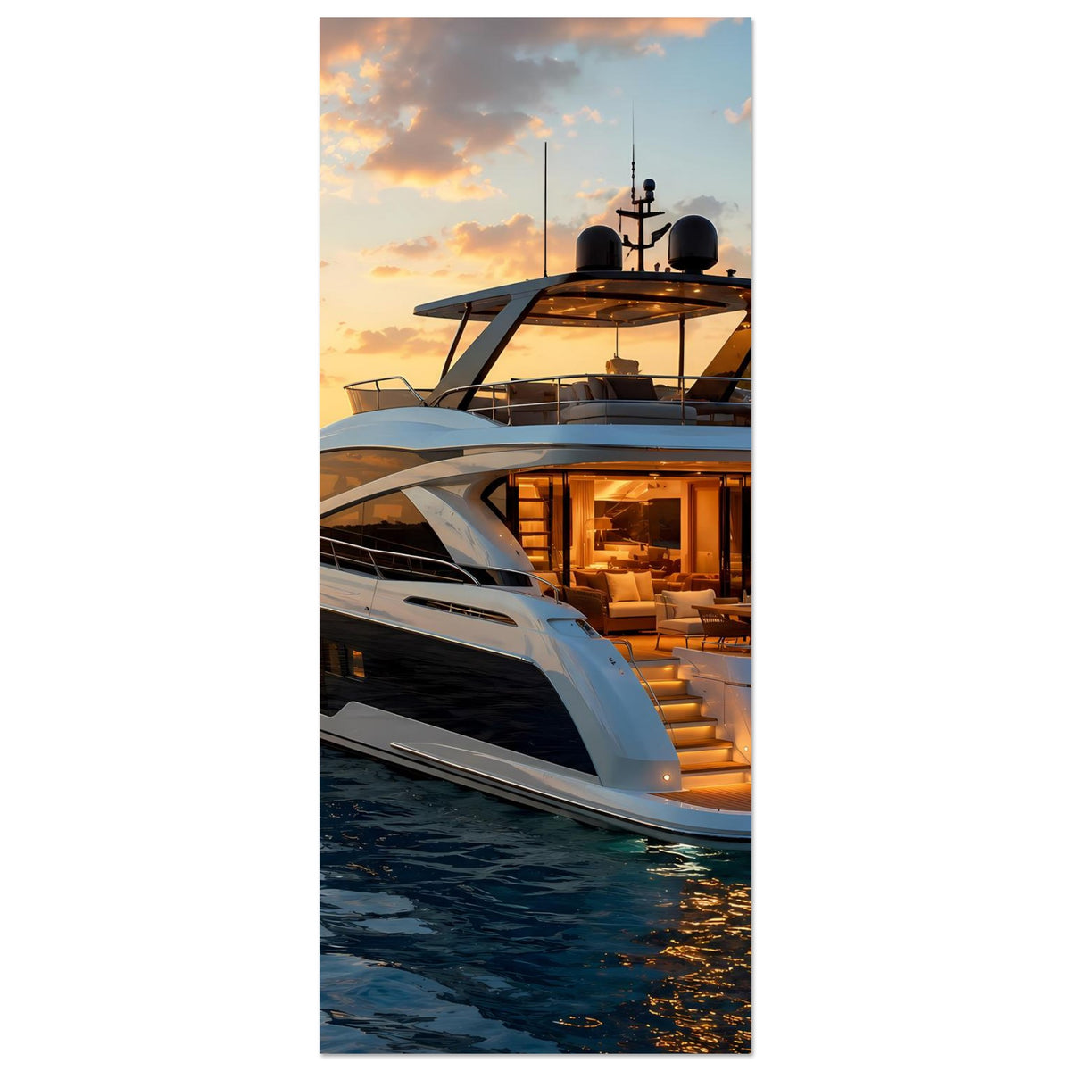 Poster (vertikal): Motoryacht vorn, weiße Bugform, verglaste Front und warm beleuchtete Lounge