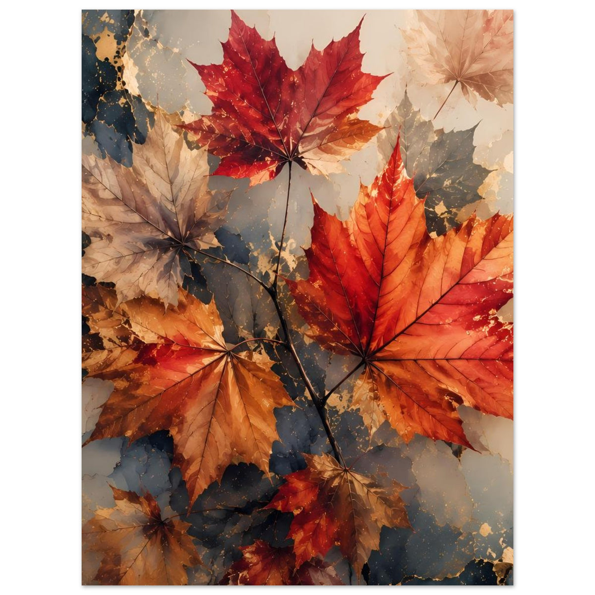 Poster mit Ahornblättern in Rot, Orange und Dunkelblau, abstrakte Herbstkomposition