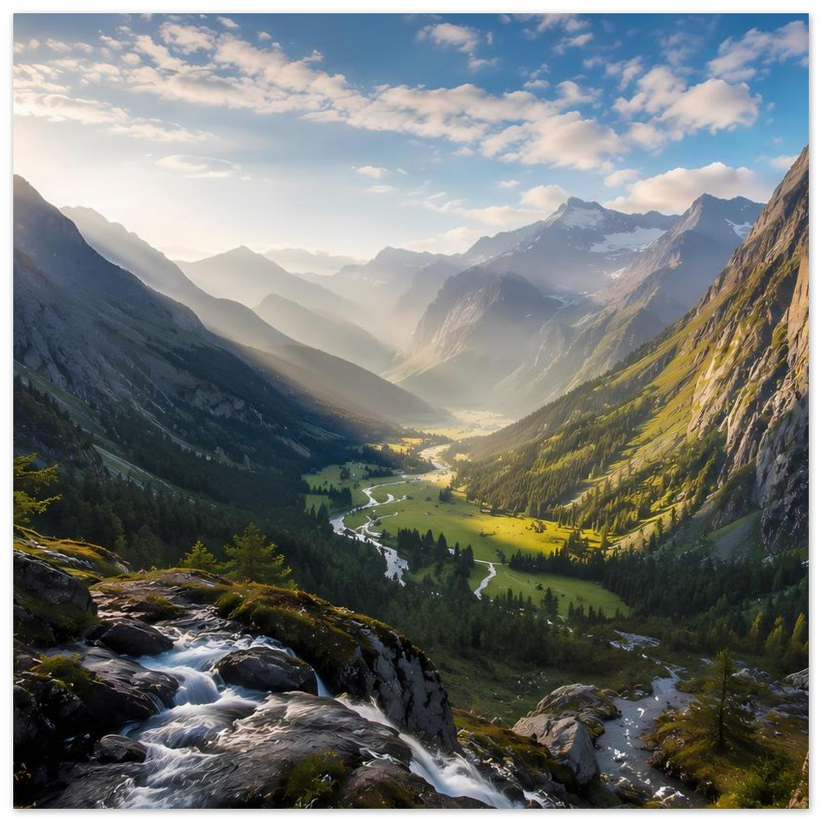 Poster mit Berglandschaft, Wiese und Bach im Tal bei Sonnenaufgang