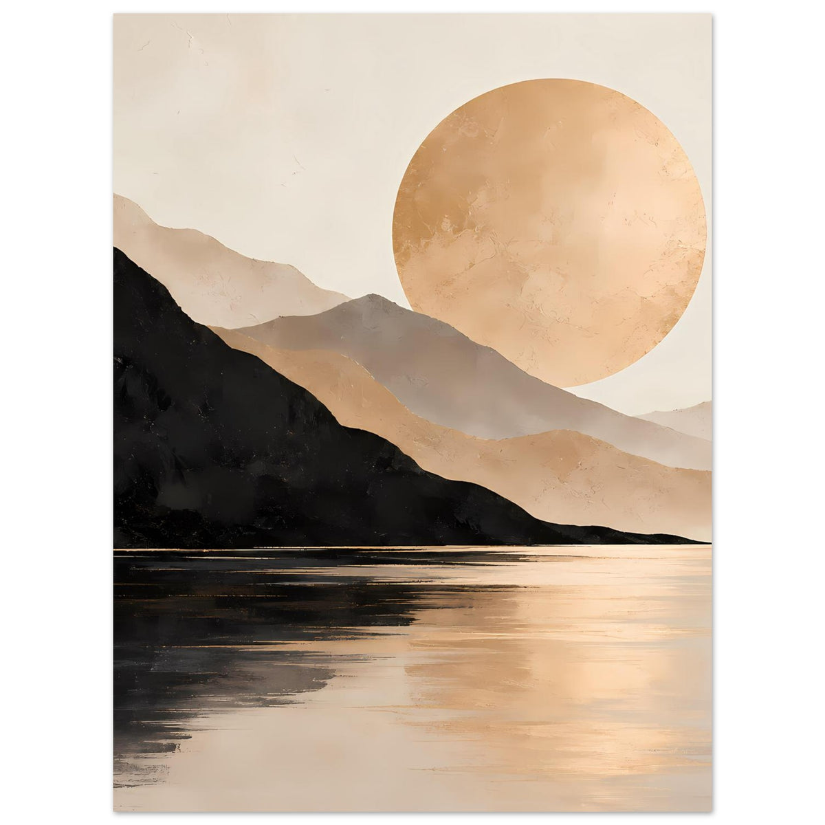 Poster im Hochformat mit See, Bergkamm und goldener Sonne im Kreis.