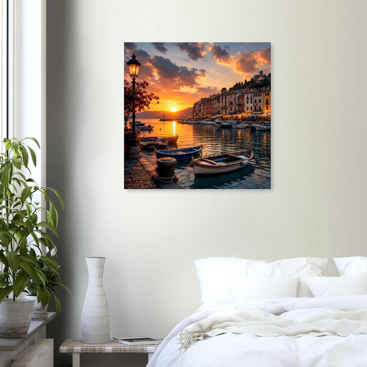 Quadratisches Poster mit Hafenlandschaft im Sonnenuntergang, Boote im Vordergrund