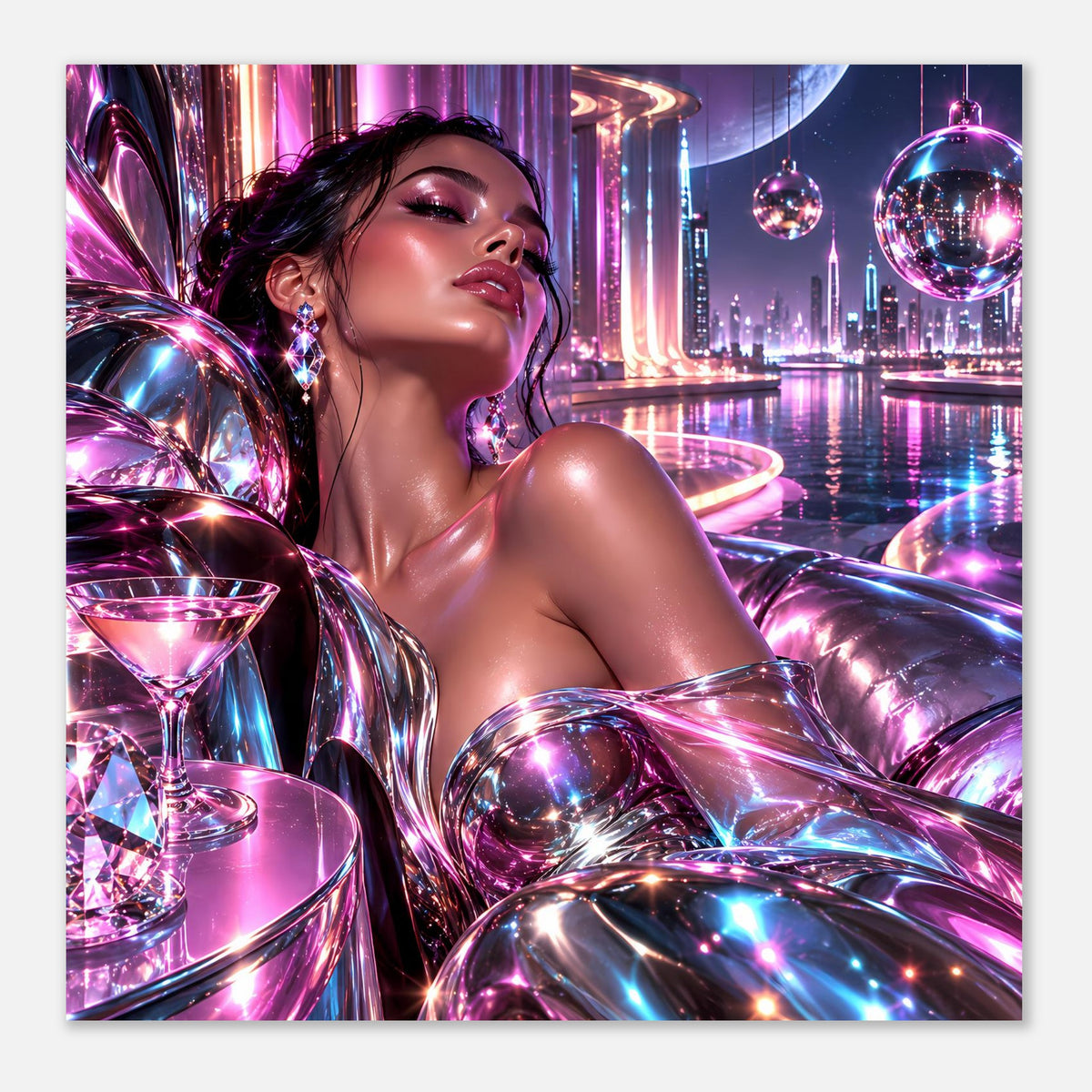 Neon-Glitzerposter im Querformat: Frau, schimmernde Ornamente und gläserne Kugeln