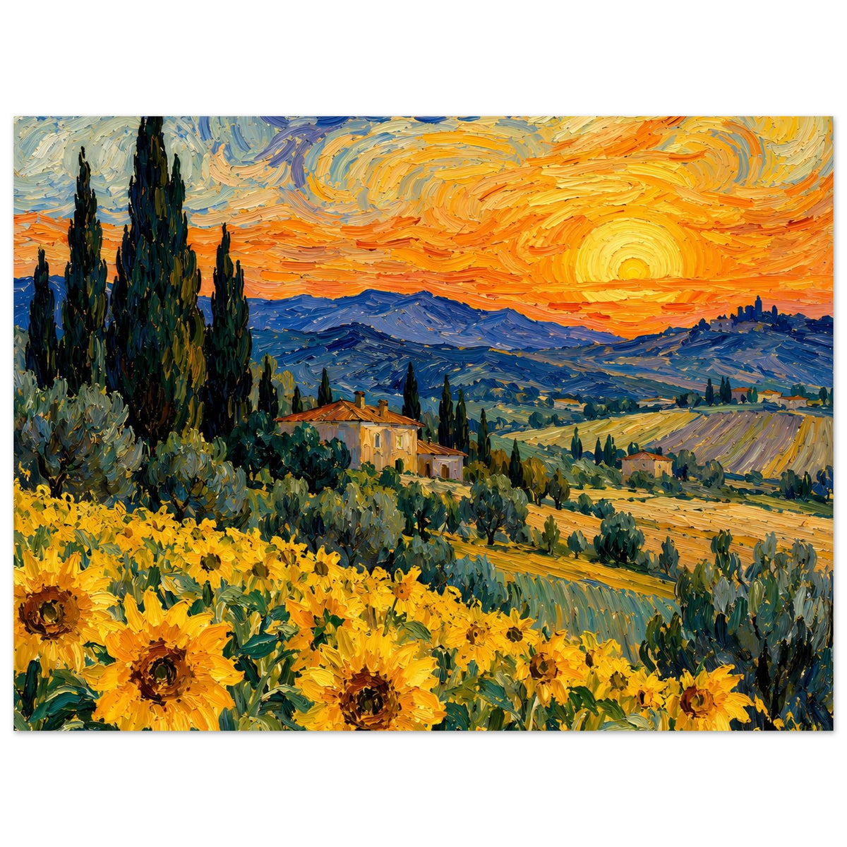 Kunstposter im Querformat: Sonnenuntergang über Bergen mit Sonnenblumen im Vordergrund