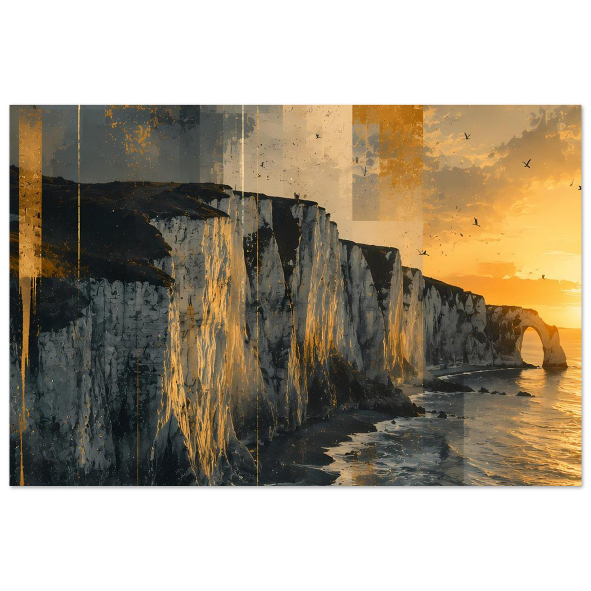 Horizontales Poster: dramatische Steilklippen, goldoranges Licht und Wellenkante am Meer