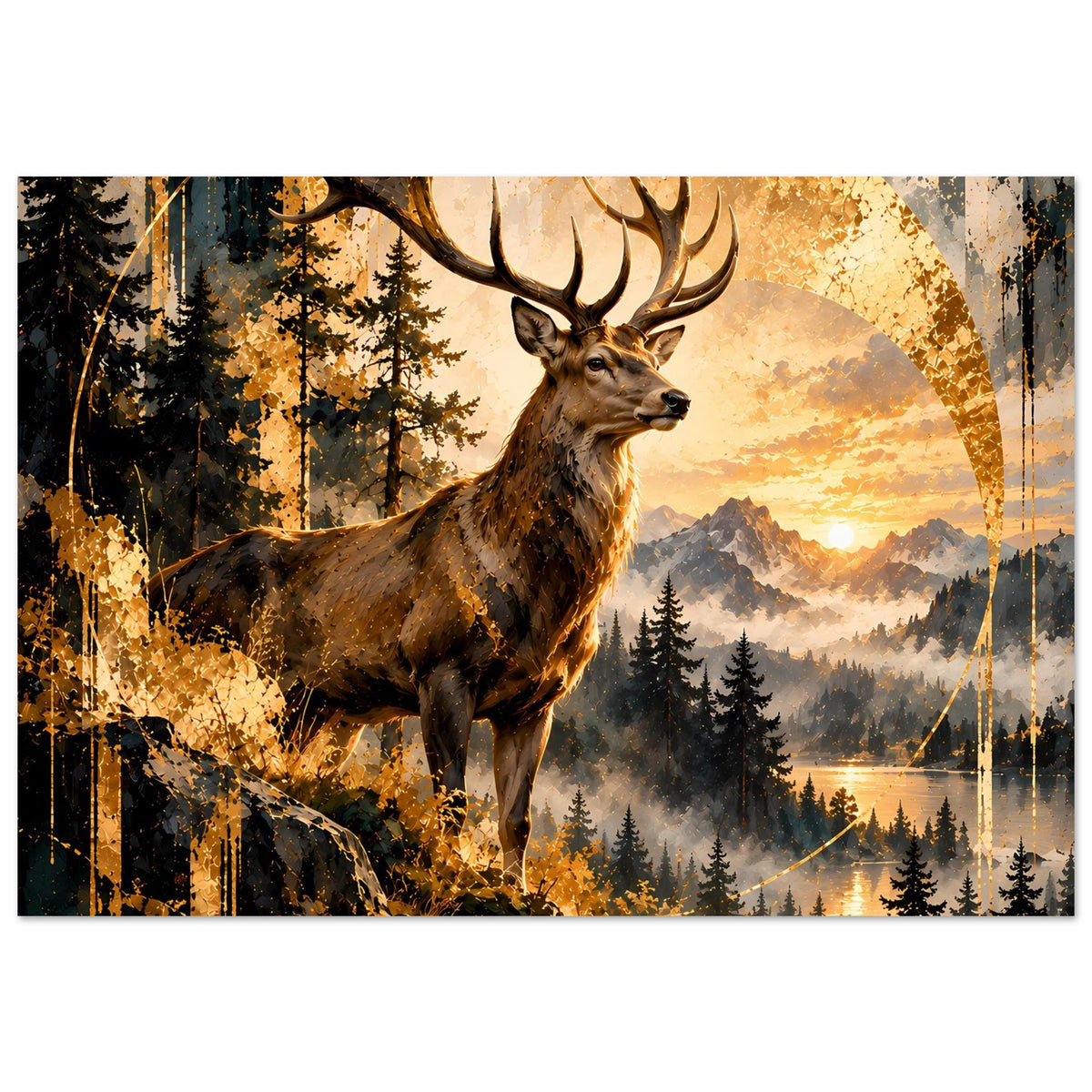 Horizontales Poster: Hirschgeweih im Blick, Waldlandschaft mit goldenem Abendhimmel