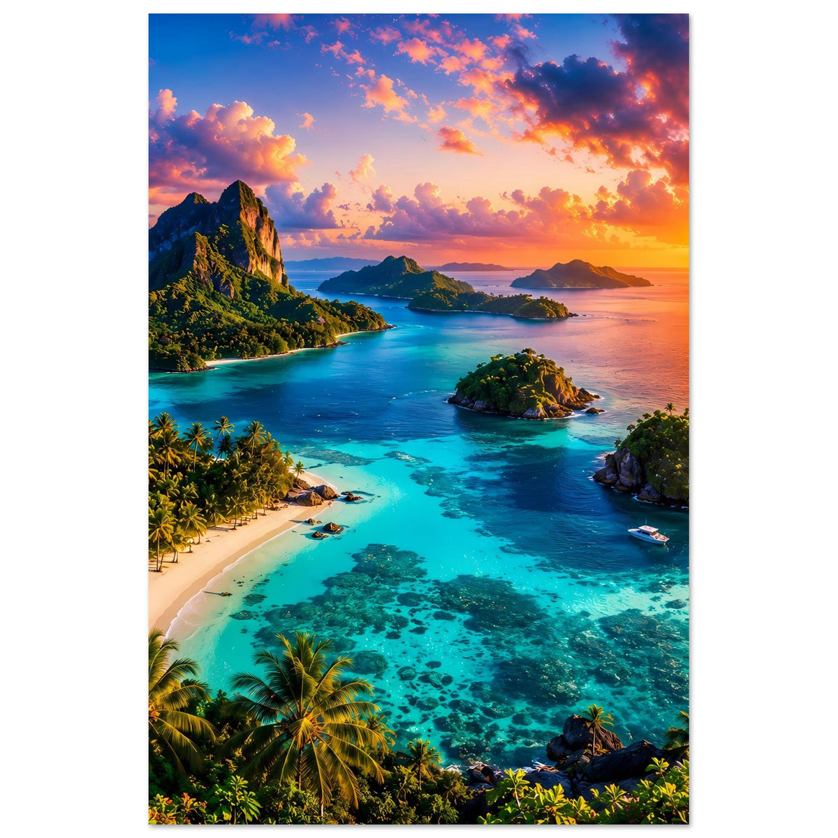 Vertikales Poster mit Lagune, türkisblauem Wasser, Palmen am Strand und Sonnenuntergang
