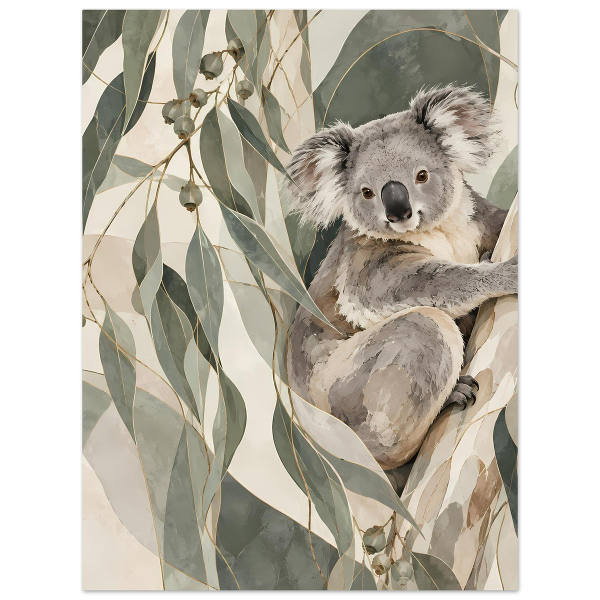 Koala-Tierposter mit grauem Koala im Arm, umgeben von grünen und beigen Blättern